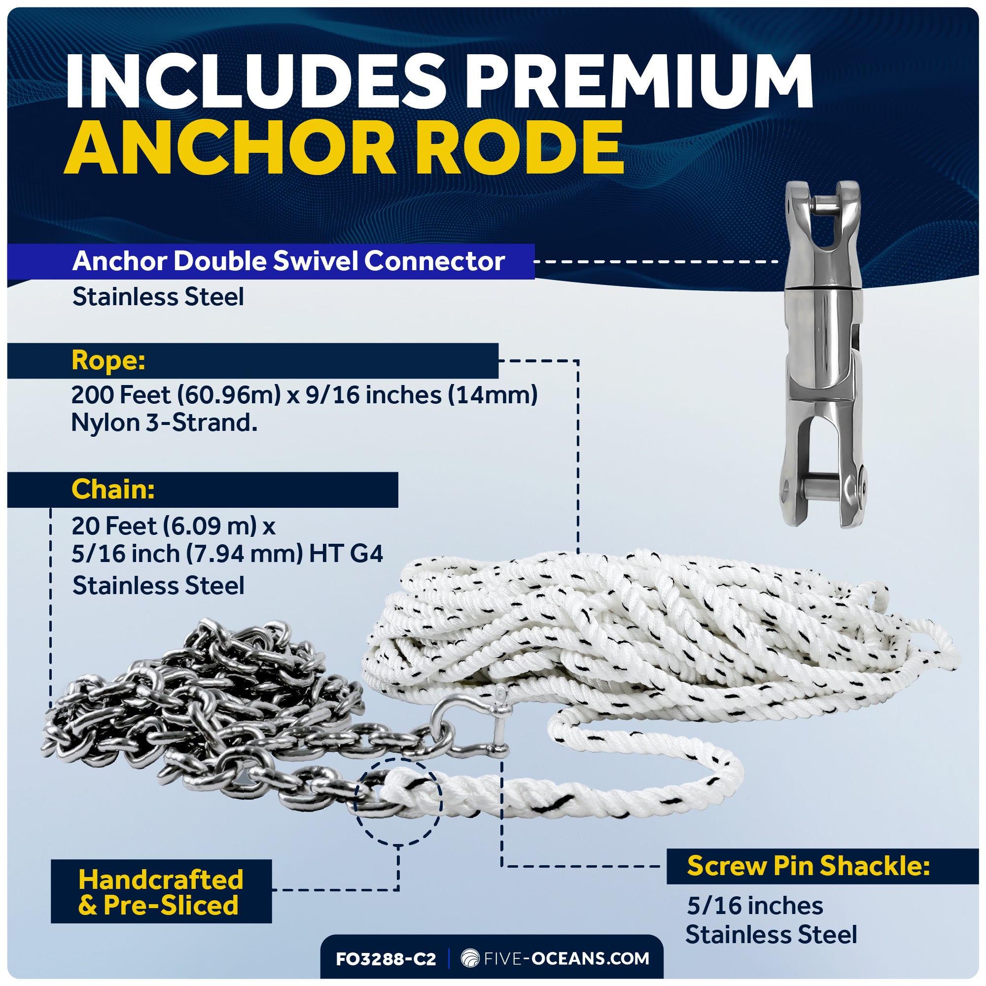Pacific Windlass Kit, Vertical 1000 Watts, 12V DC, 9/16" x 200' 3-Strand Rope, 5/16" x 20' Stainless Steel HT G4 Chain, Swivel and Shackle - FO3288-C2
