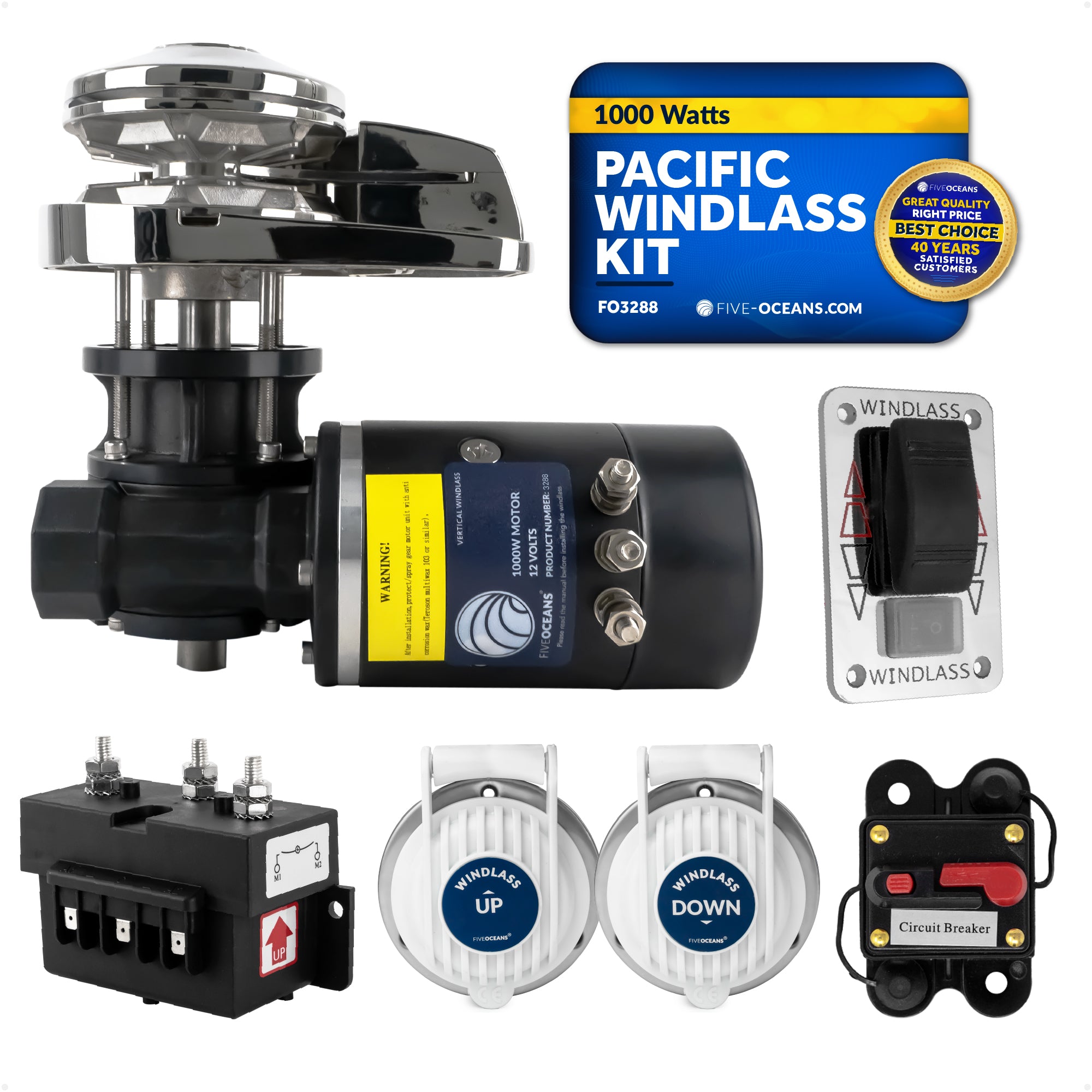 Pacific Windlass Kit - Compatible with 5/16" HTG4 Chain & 9/16" Rope, Vertical 1000W 12V DC - FO3288