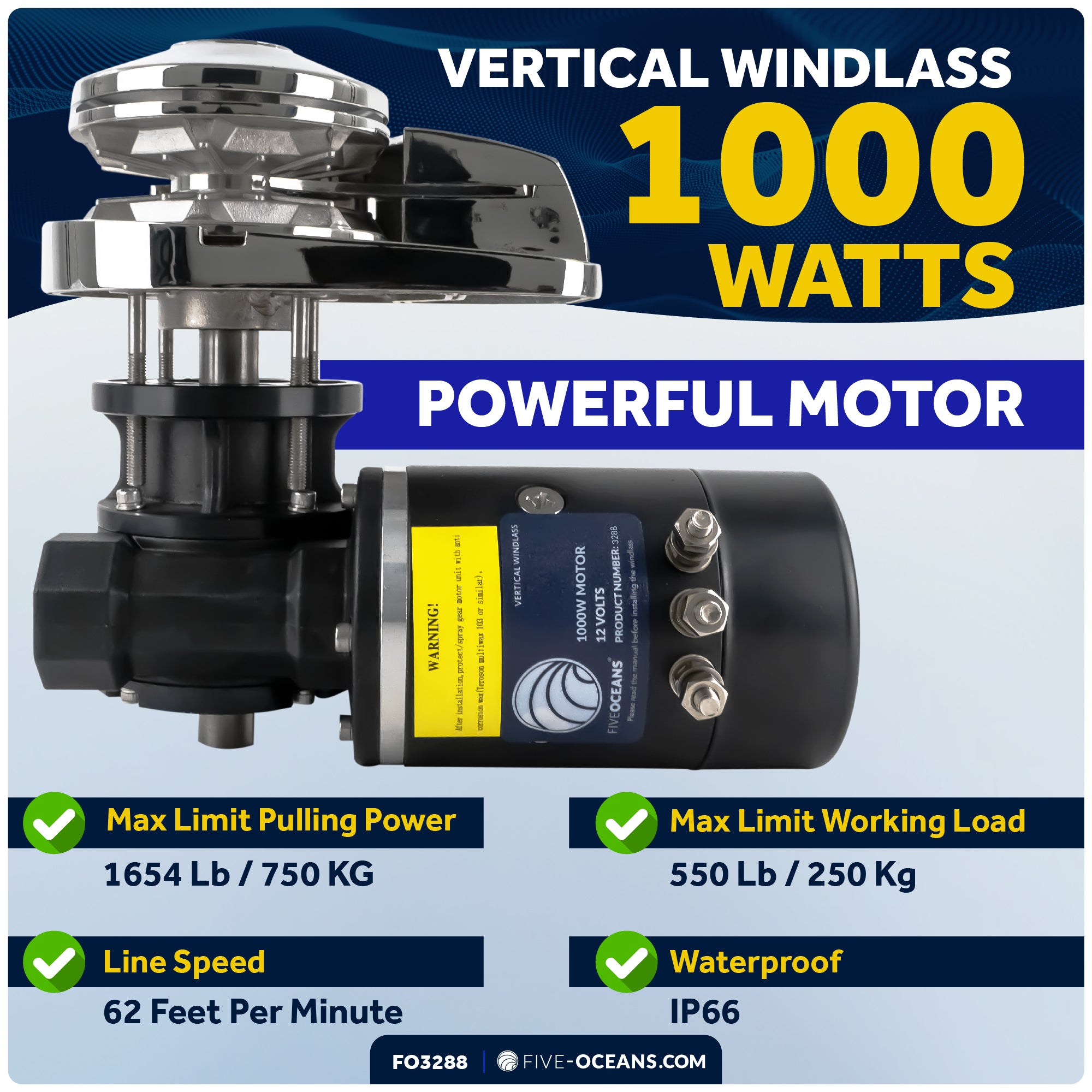 Pacific Windlass Kit - Compatible with 5/16" HTG4 Chain & 9/16" Rope, Vertical 1000W 12V DC - FO3288