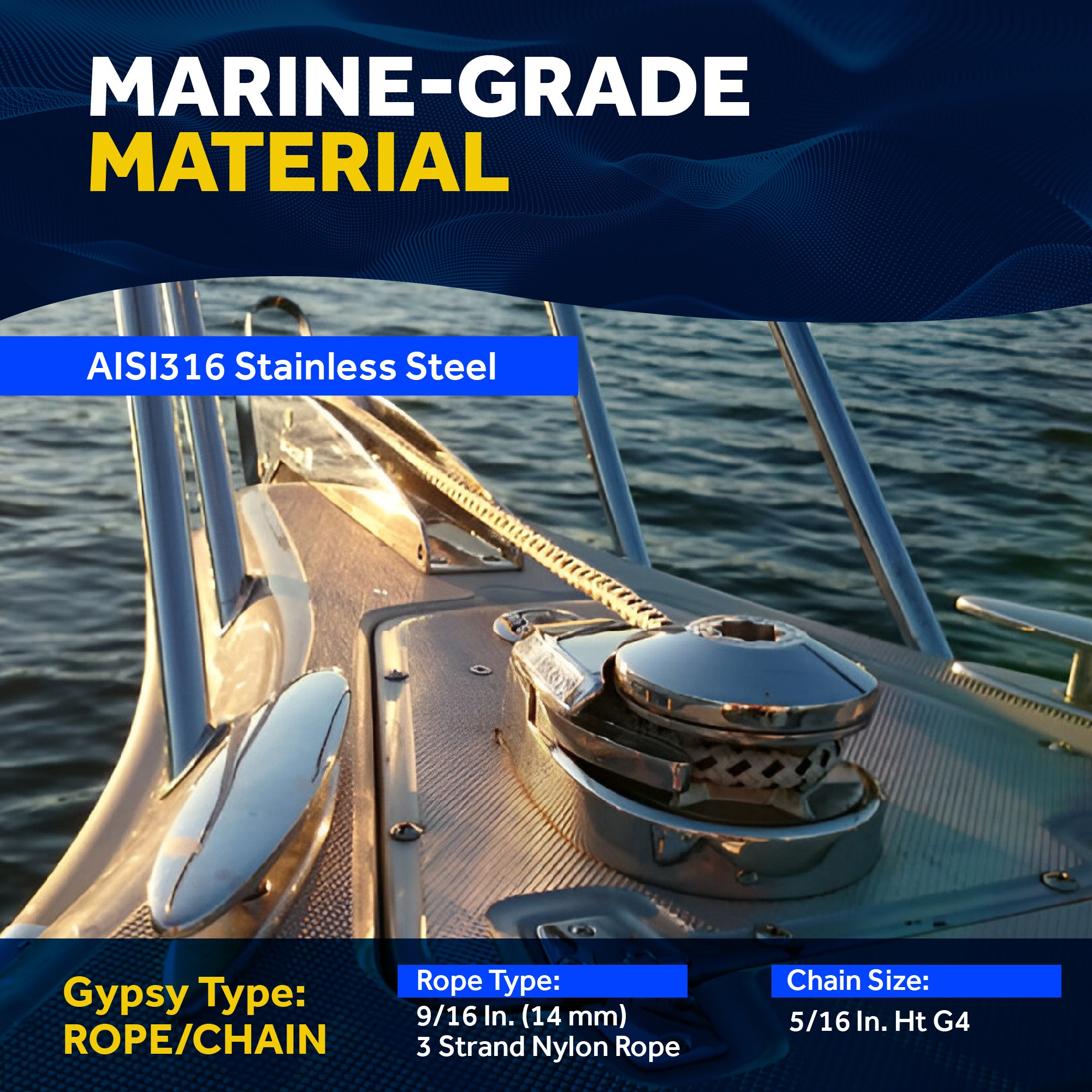 Pacific Windlass Kit, 5/16" HTG4 Chain - 9/16" Rope, Vertical 1000 Watts, 12V DC - FO3288 - Five Oceans