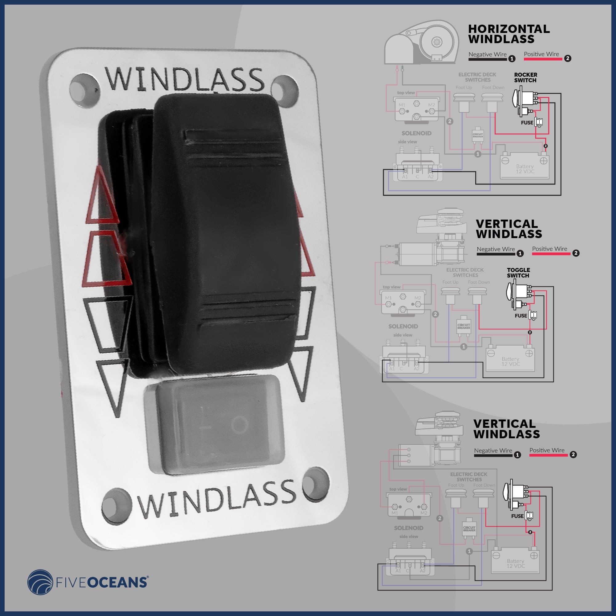 Windlass Rocker Switch Panel, 12 V, SPDT 3-Terminal - FO3290 - Five Oceans