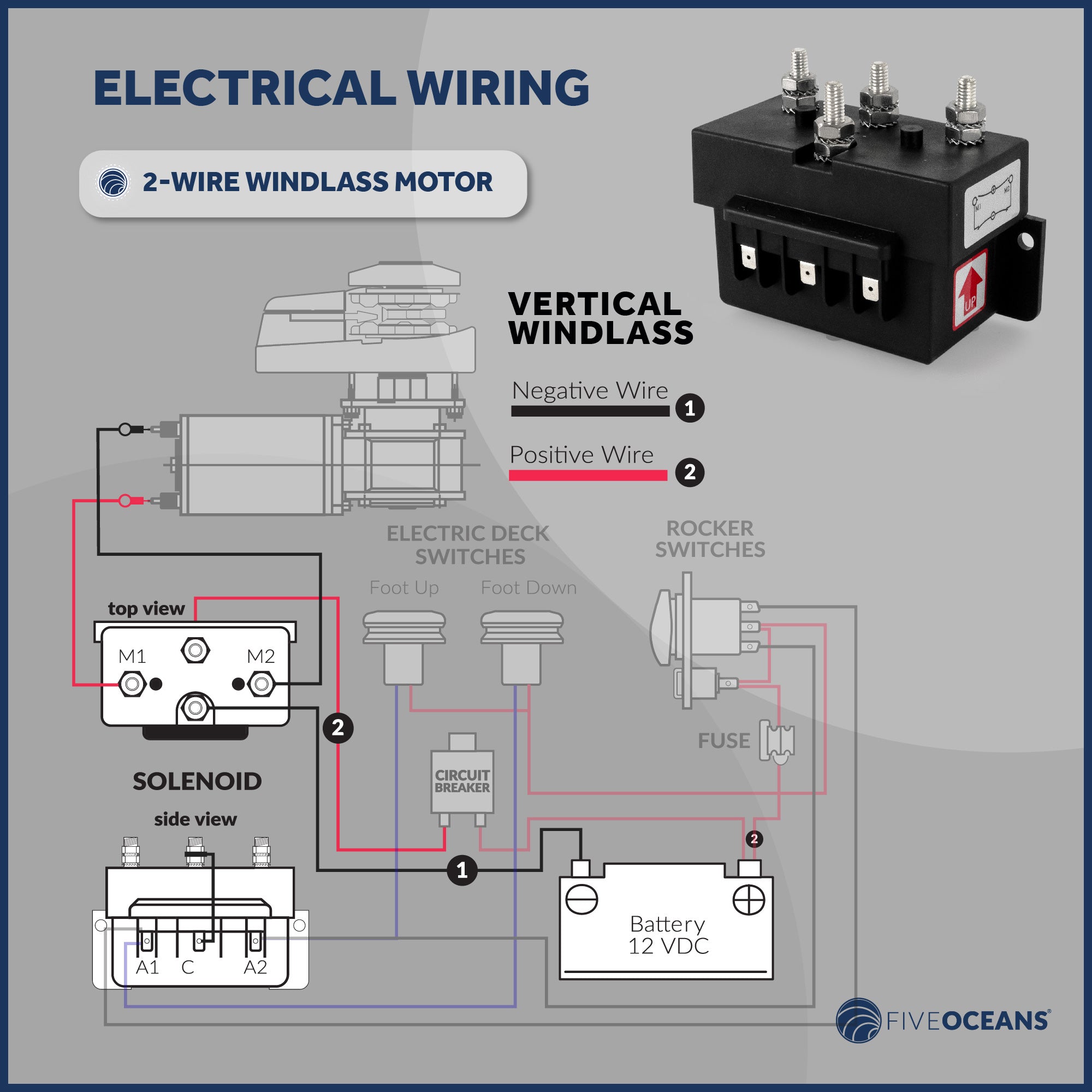 Windlass Solenoid, Control Box 2-Wire Motors, 12V, Up To 1500 Watts - FO3292 - Five Oceans