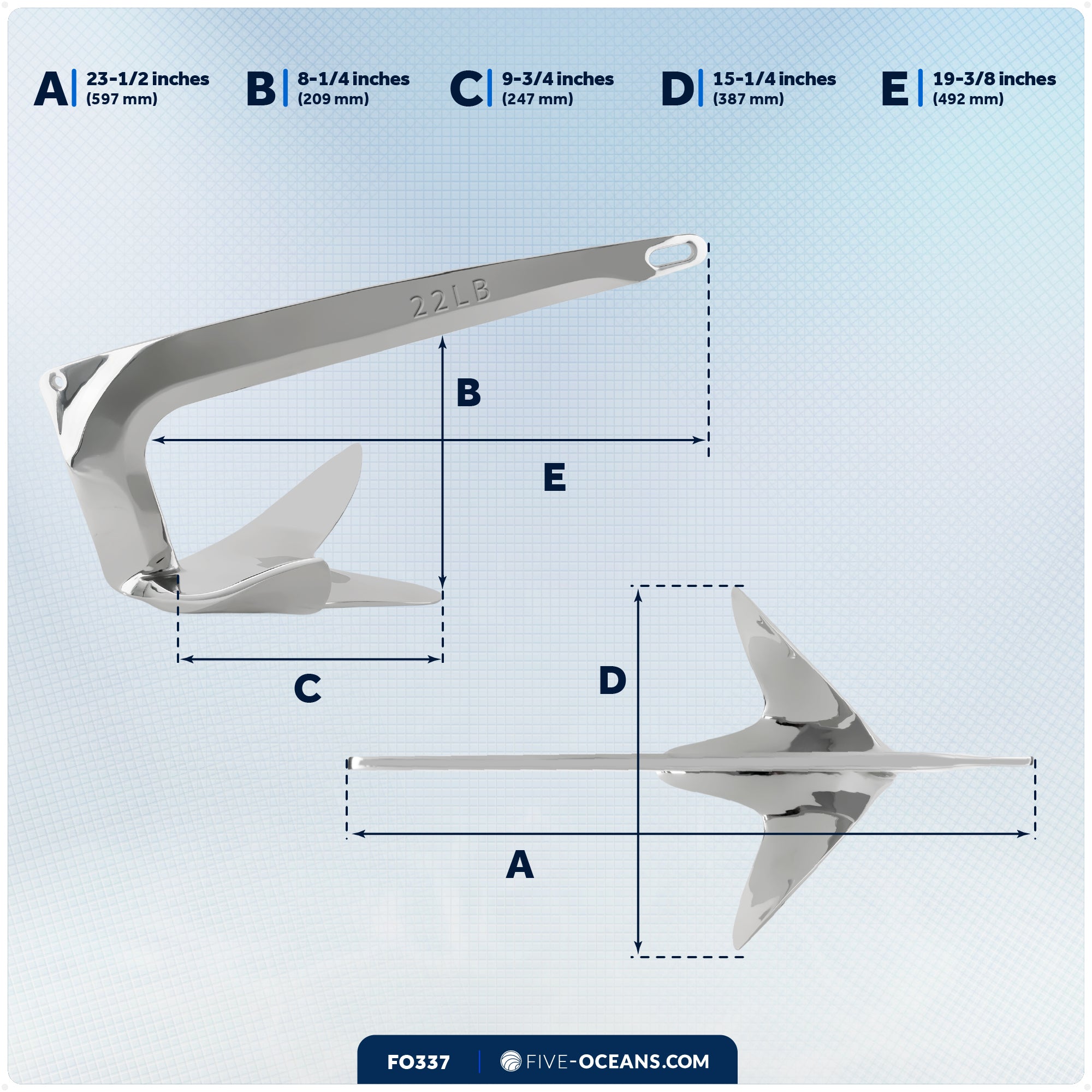 Bruce Style Claw Anchor, 22 Lb, Stainless Steel - FO337 - Five Oceans