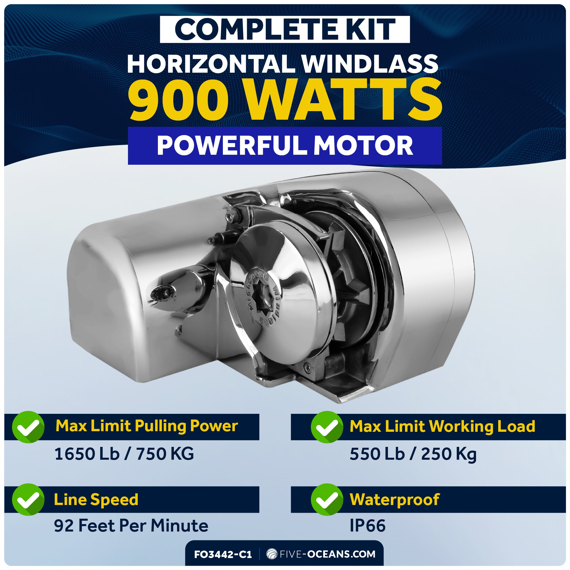 Atlantic Windlass Kit, Horizontal 900 Watts, 12V DC, 9/16" x150' 3-Strand Rope, 5/16" x 20' Galvanized Steel HT G4 Chain, Swivel and Shackle - FO3442-C1 - Five Oceans
