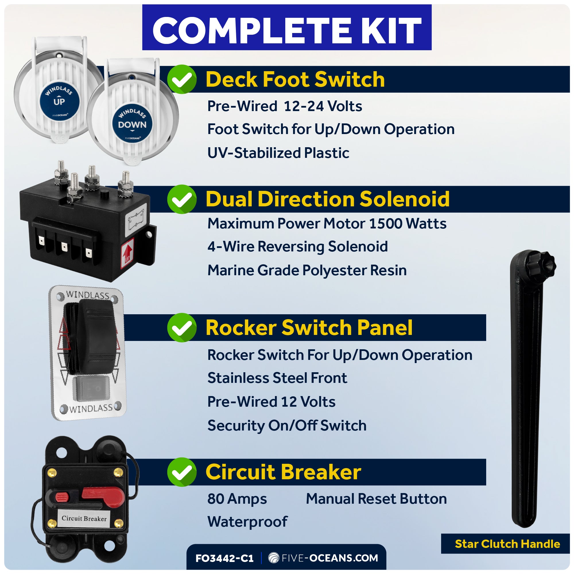 Atlantic Windlass Kit, Horizontal 900 Watts, 12V DC, 9/16" x150' 3-Strand Rope, 5/16" x 20' Galvanized Steel HT G4 Chain, Swivel and Shackle - FO3442-C1 - Five Oceans
