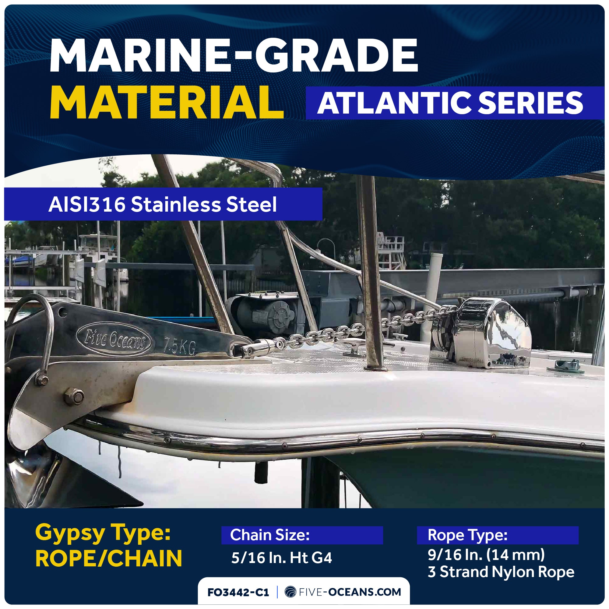 Atlantic Windlass Kit, Horizontal 900 Watts, 12V DC, 9/16" x150' 3-Strand Rope, 5/16" x 20' Galvanized Steel HT G4 Chain, Swivel and Shackle - FO3442-C1 - Five Oceans