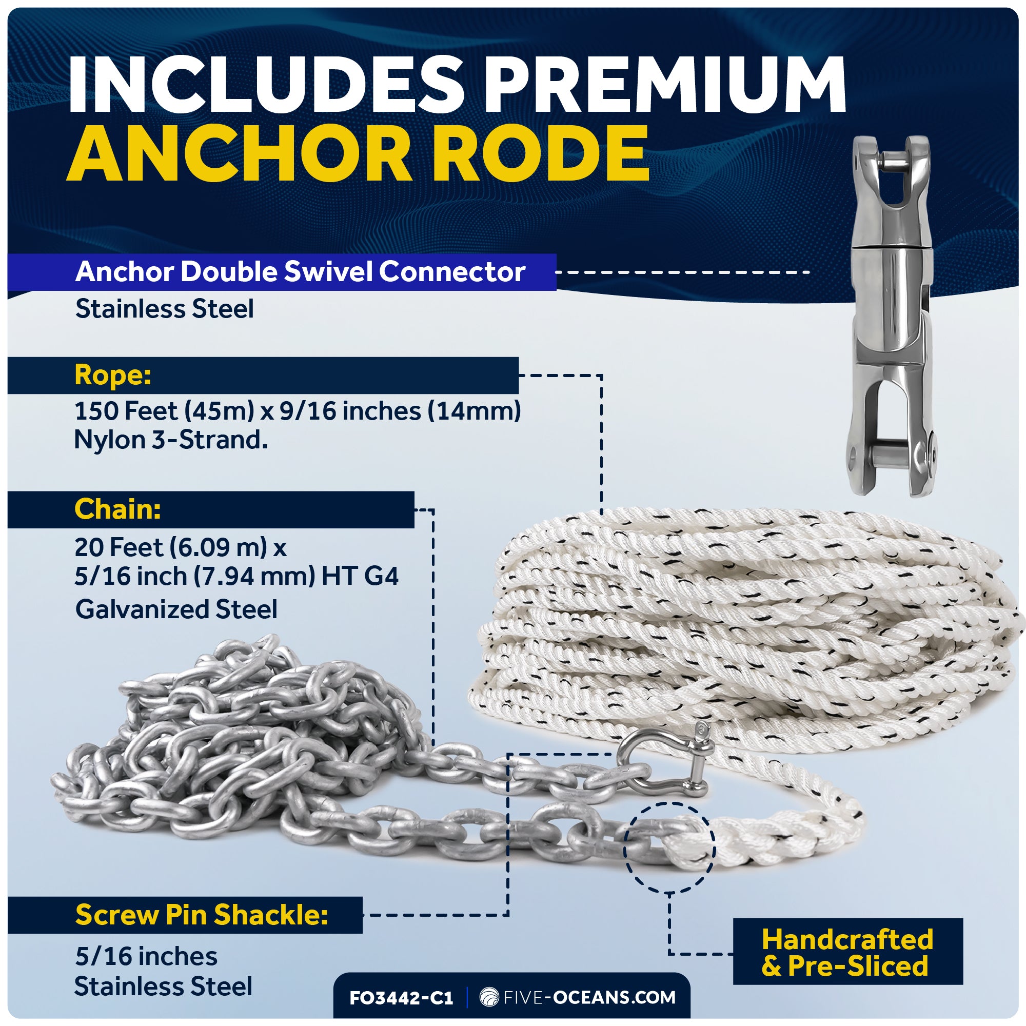 Atlantic Windlass Kit, Horizontal 900 Watts, 12V DC, 9/16" x150' 3-Strand Rope, 5/16" x 20' Galvanized Steel HT G4 Chain, Swivel and Shackle - FO3442-C1 - Five Oceans