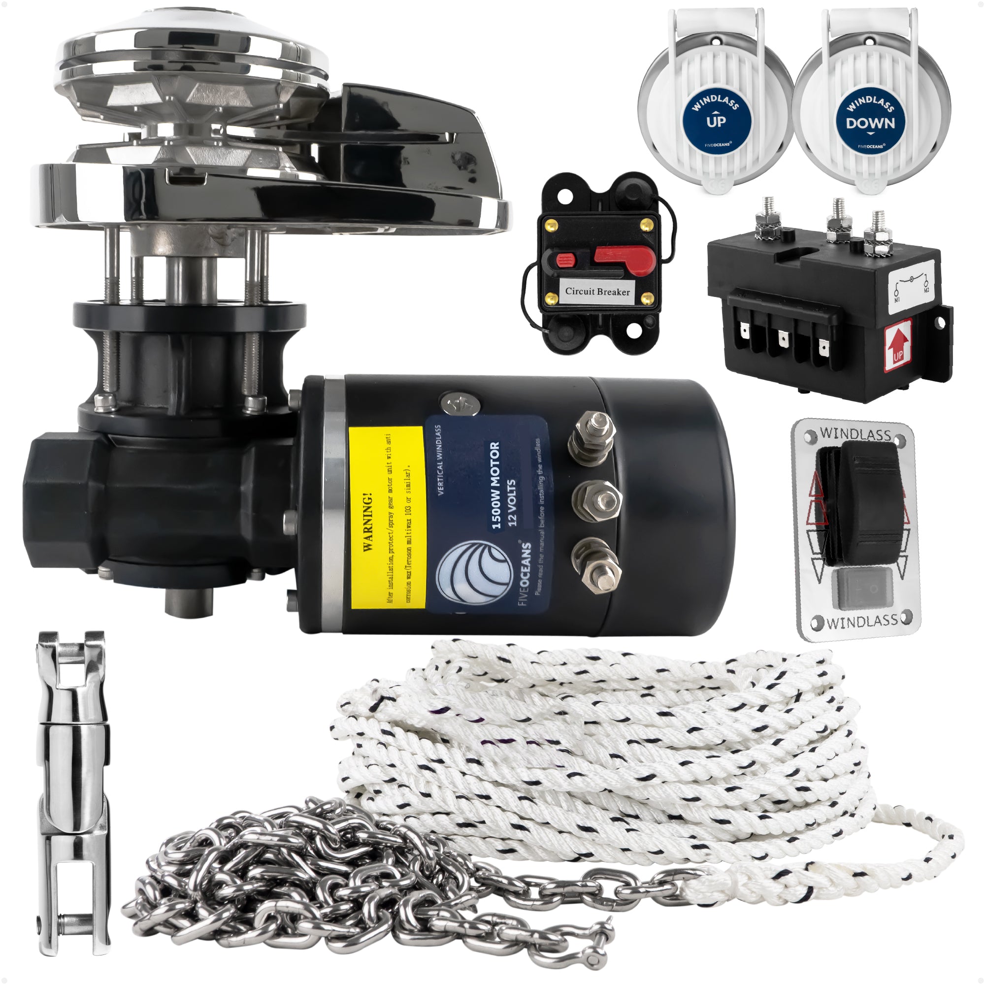 Pacific Windlass Kit, Vertical 1500 Watts, 12V DC, 5/8" x 200' 3-Strand Rope, 3/8" x 20' Stainless Steel HT G4 Chain, Swivel and Shackle - FO3444-C2