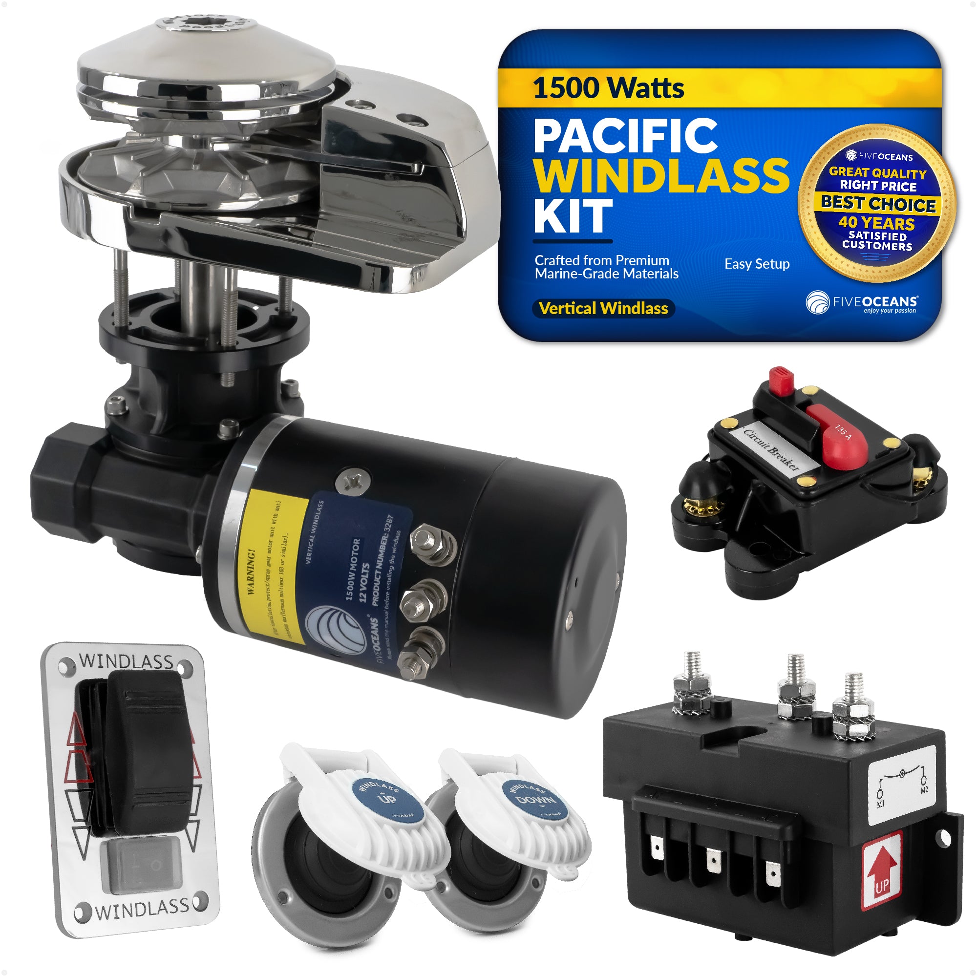 Pacific Windlass Kit, 3/8" HTG4 Chain - 5/8" Rope, Vertical 1500 Watts, 12V DC - FO3444 - Five Oceans