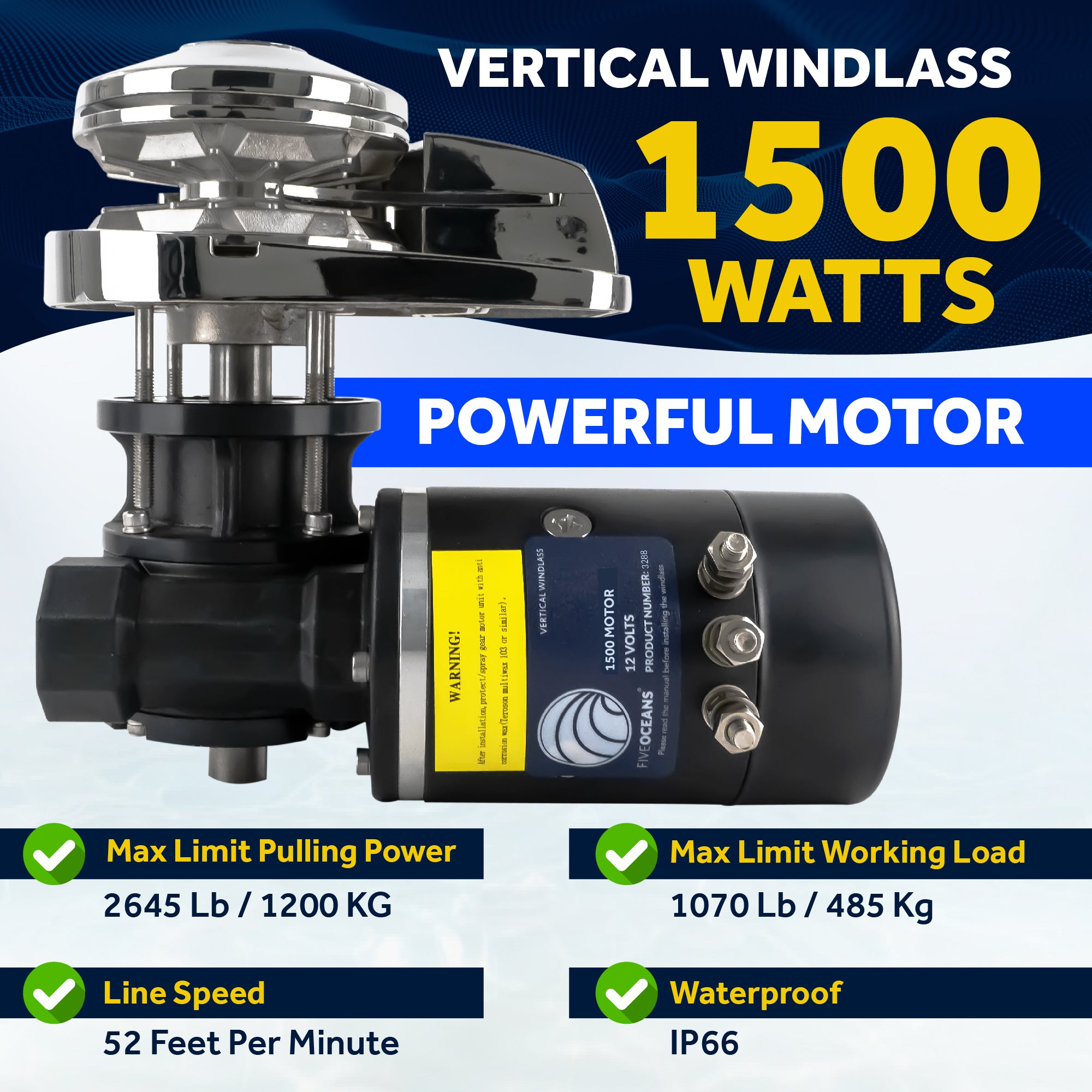 Pacific Windlass Kit, 3/8" HTG4 Chain - 5/8" Rope, Vertical 1500 Watts, 12V DC - FO3444 - Five Oceans