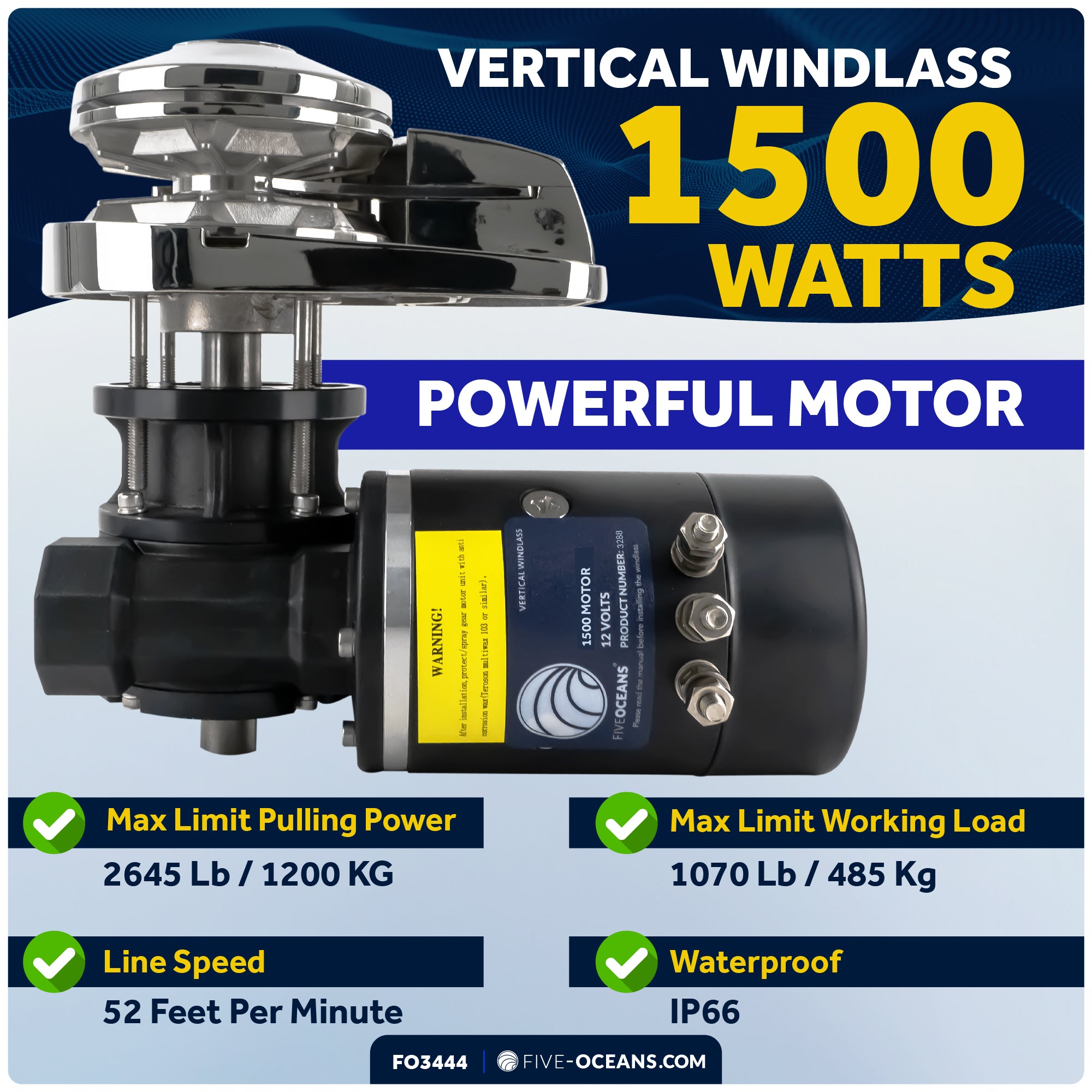 Pacific Windlass Kit - Compatible with 3/8" HTG4 Chain & 5/8" Rope, Vertical 1500W 12V DC - FO3444