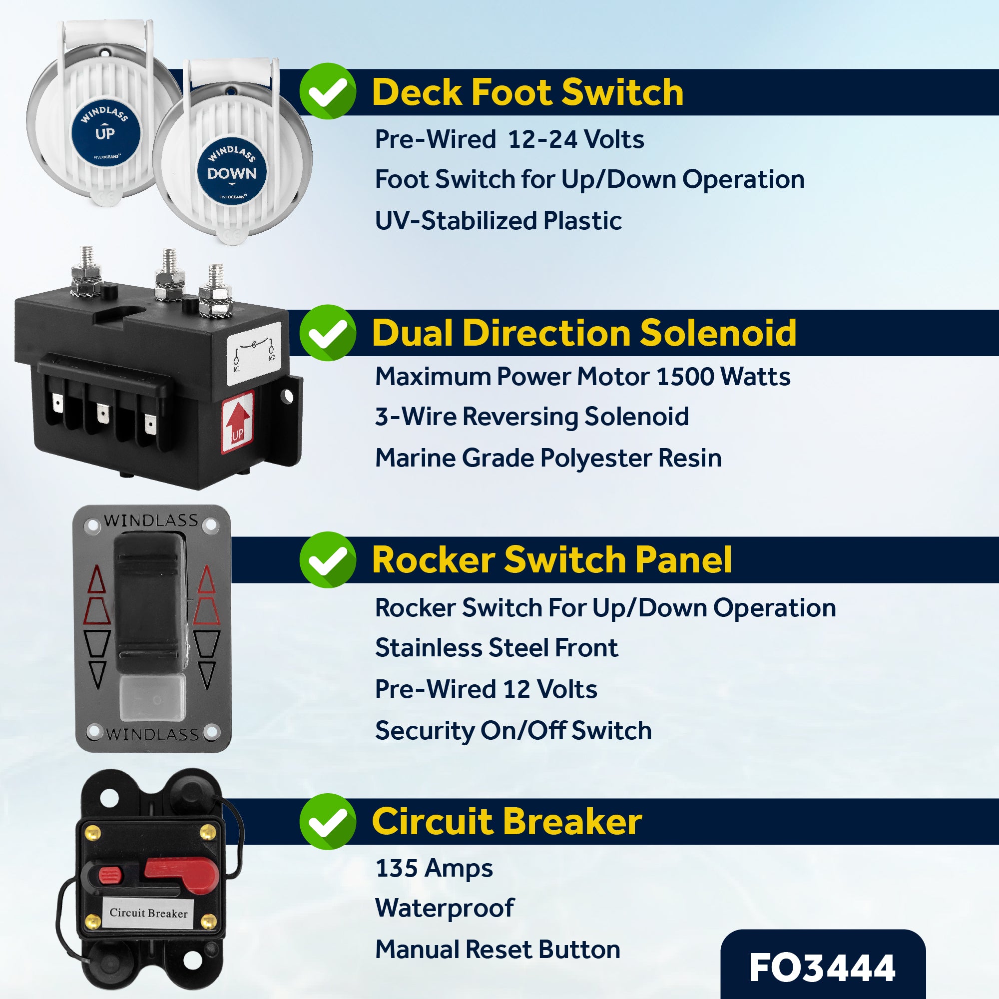 Pacific Windlass Kit, 3/8" HTG4 Chain - 5/8" Rope, Vertical 1500 Watts, 12V DC - FO3444 - Five Oceans