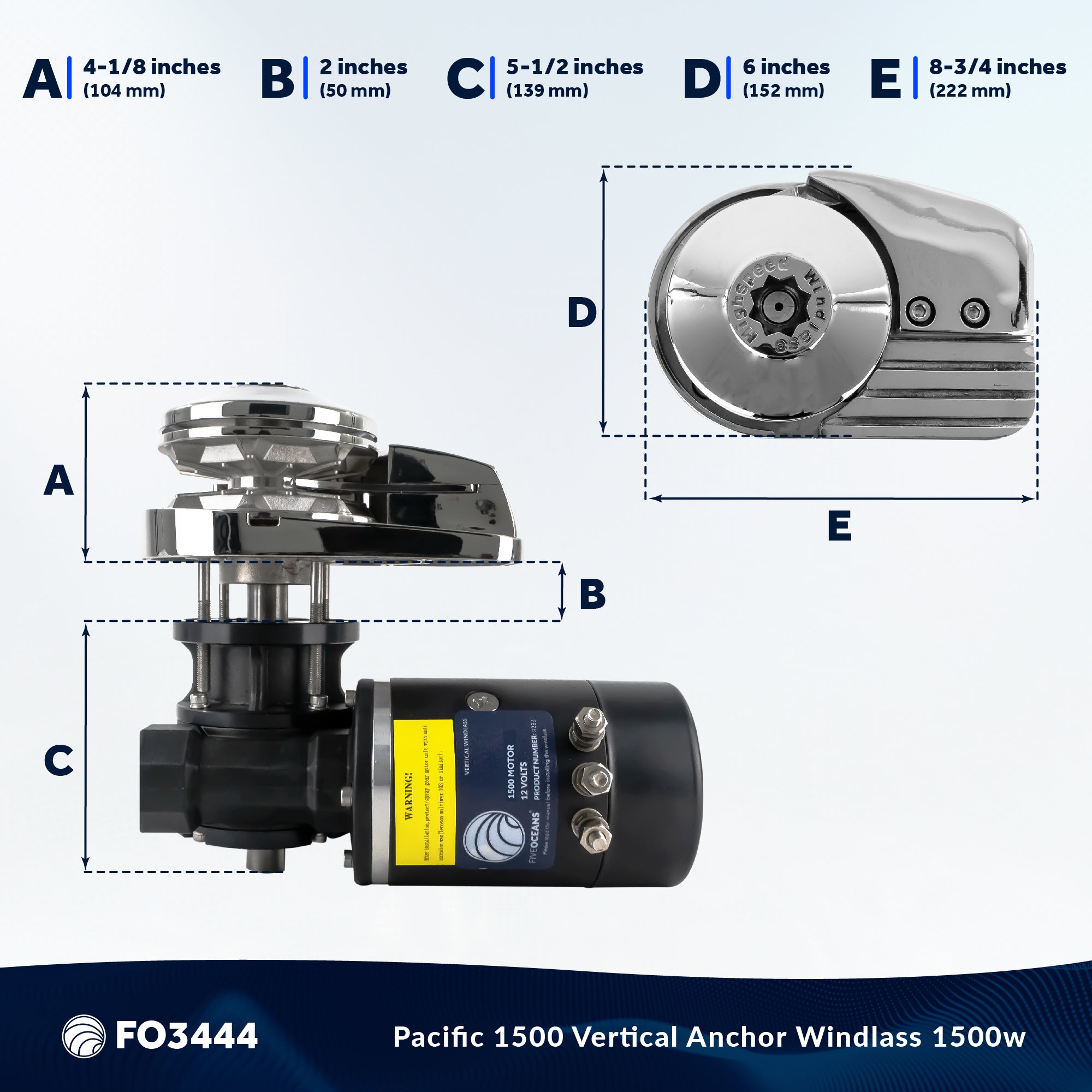 Pacific Windlass Kit, 3/8" HTG4 Chain - 5/8" Rope, Vertical 1500 Watts, 12V DC - FO3444 - Five Oceans