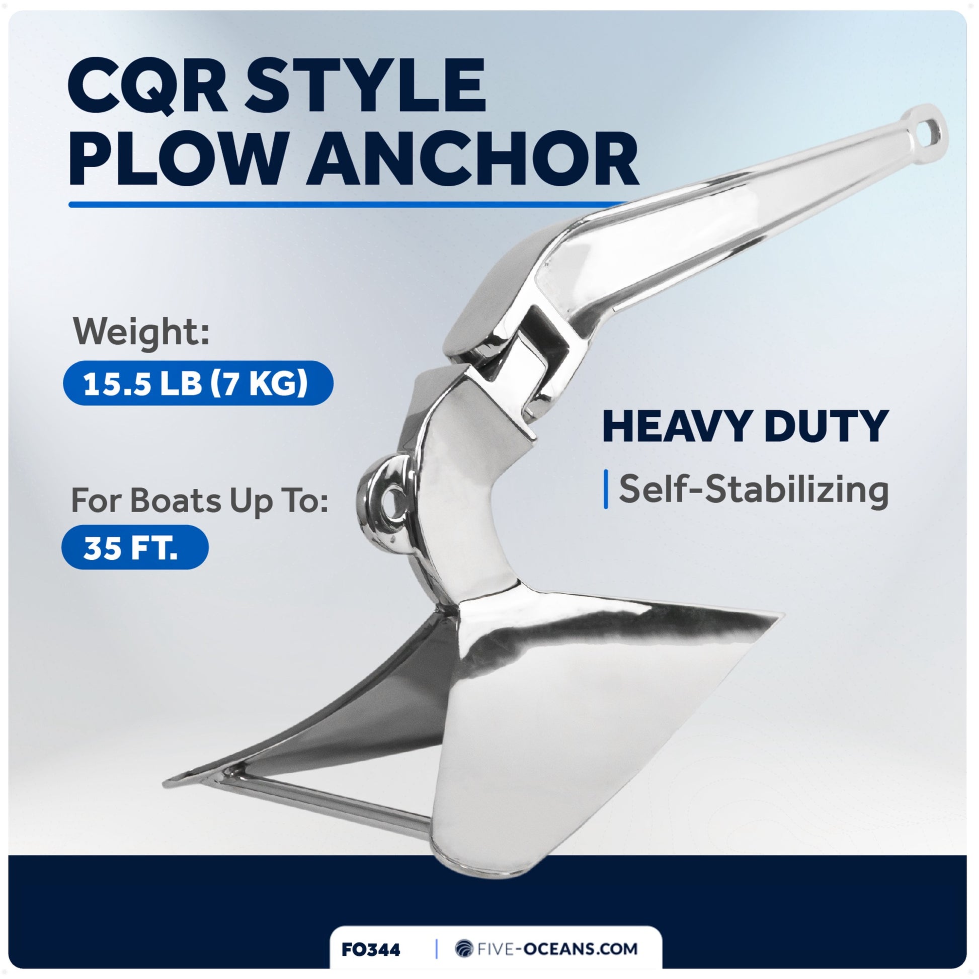 CQR Style Plow Anchor,  15.5 Lb, Stainless Steel - FO344 - Five Oceans