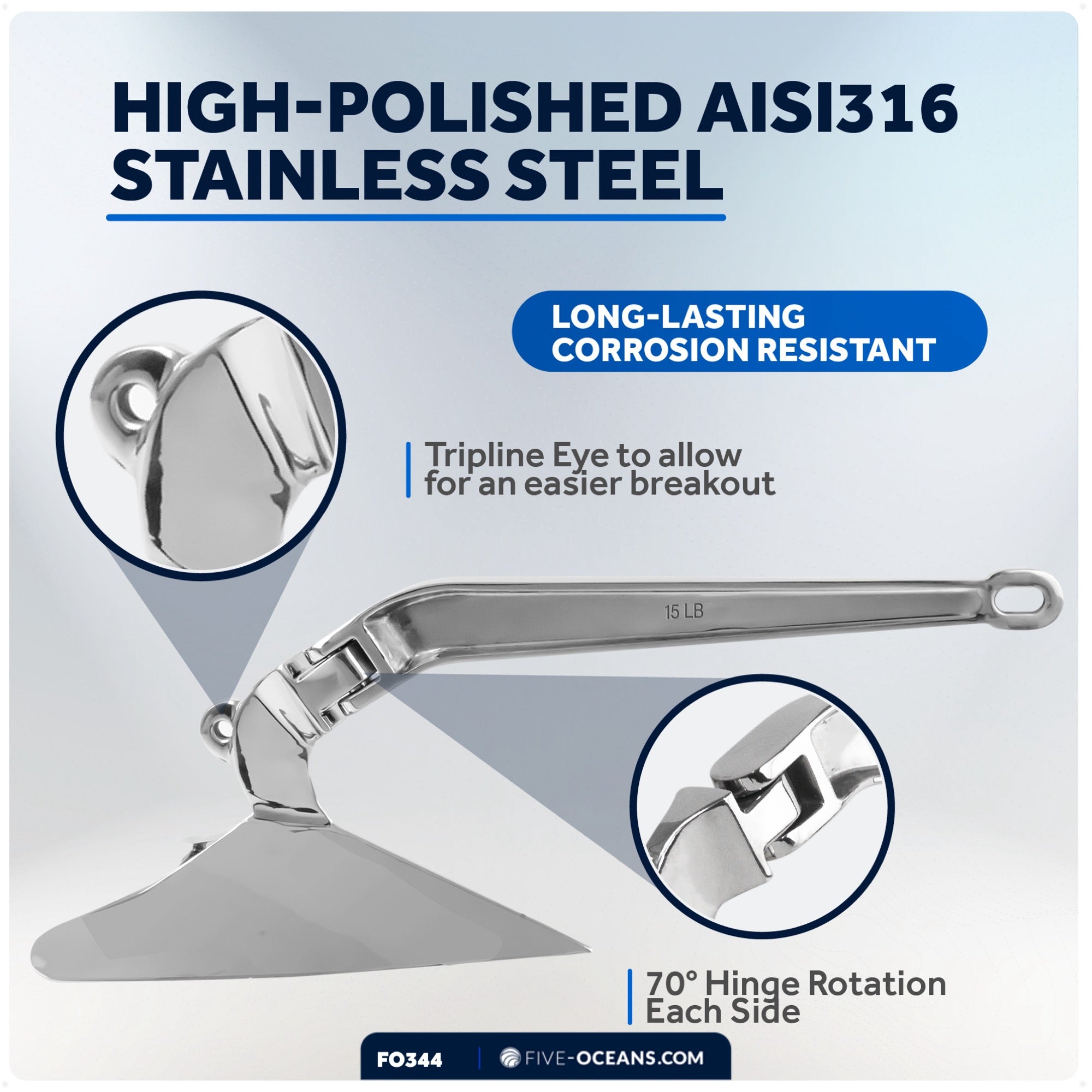CQR Style Plow Anchor,  15.5 Lb, Stainless Steel - FO344 - Five Oceans
