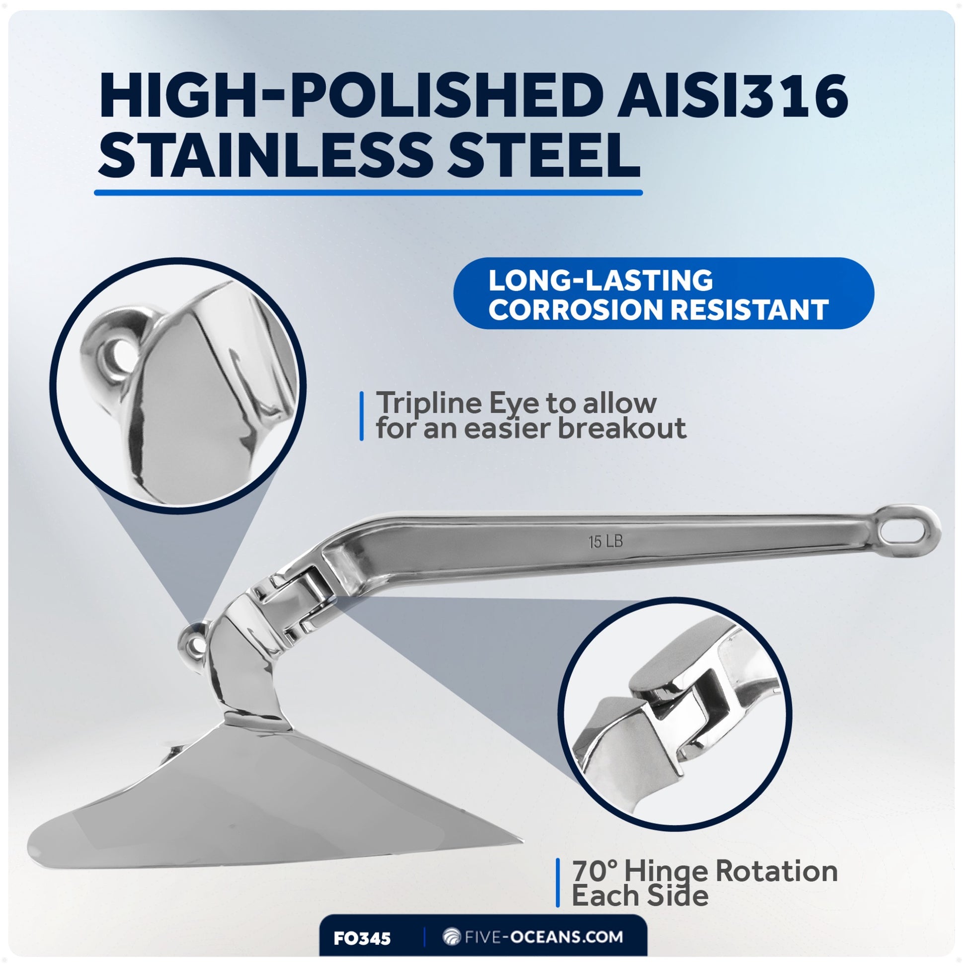 CQR Style Plow Anchor,  22 Lb, Stainless Steel - FO345 - Five Oceans