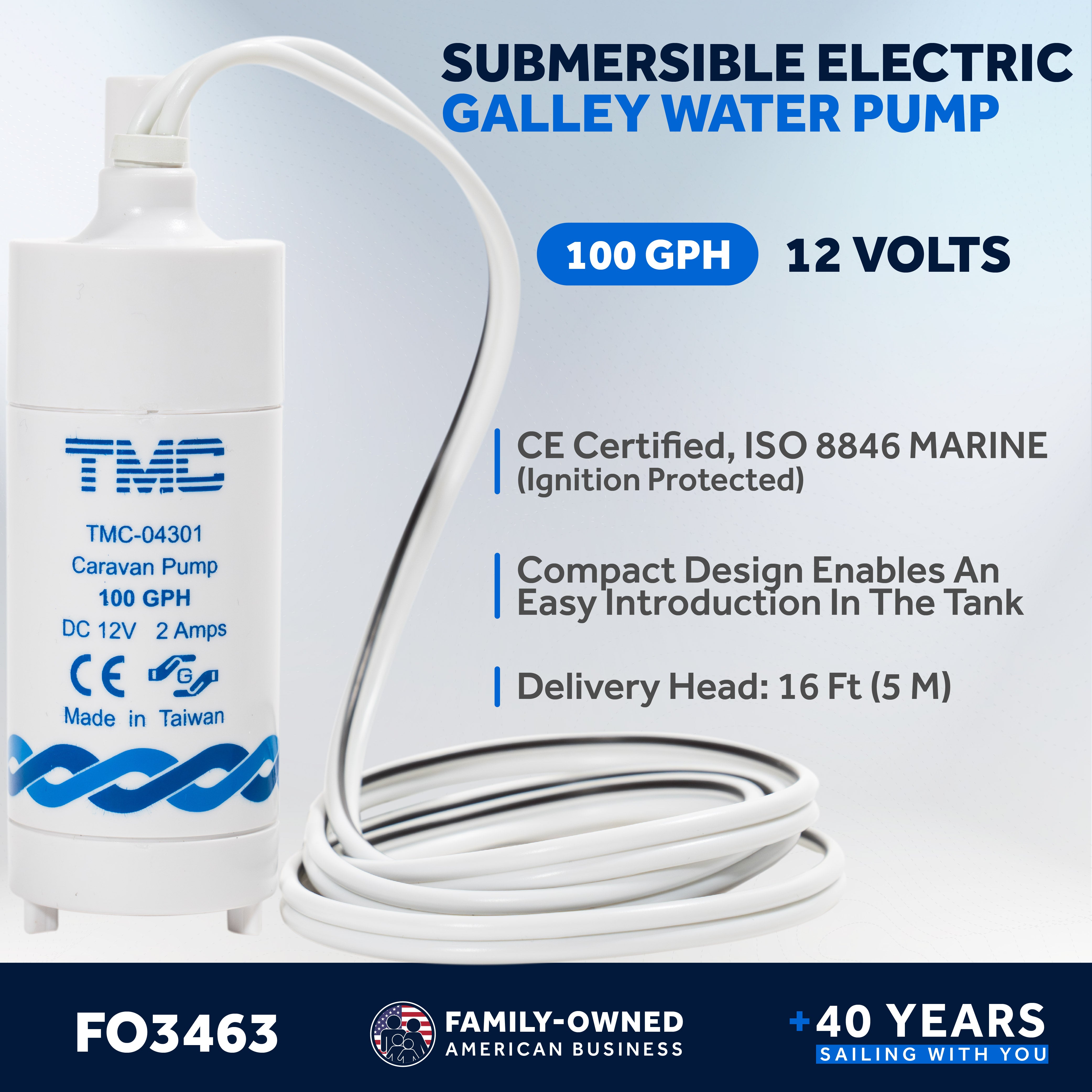 100 GPH (378 LPH) Submersible Electric Galley Water Pump, 12V - FO-3463 - Five Oceans