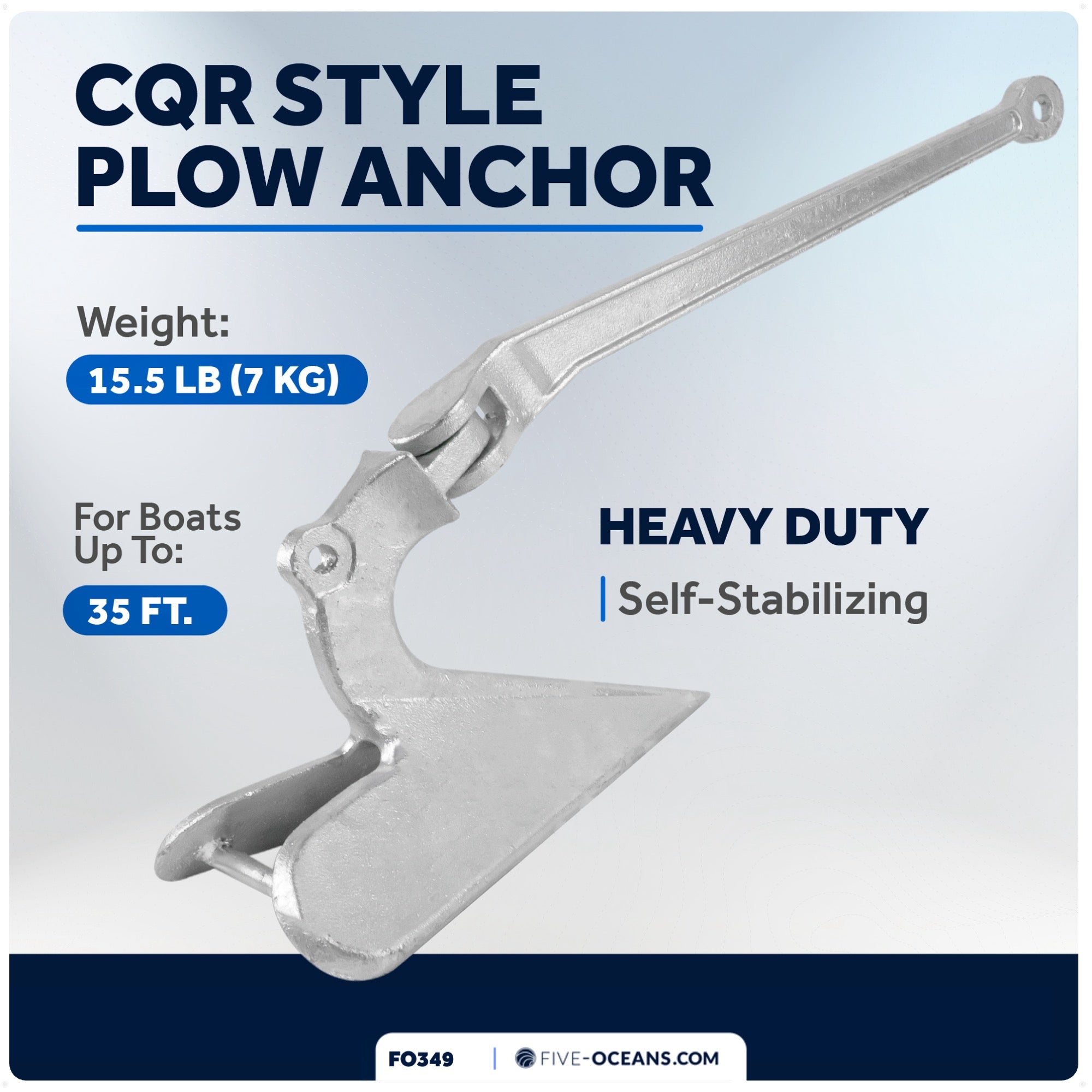 CQR Style Plow Anchor,  15.5 Lb, Hot Dipped Galvanized Steel - FO349 - Five Oceans