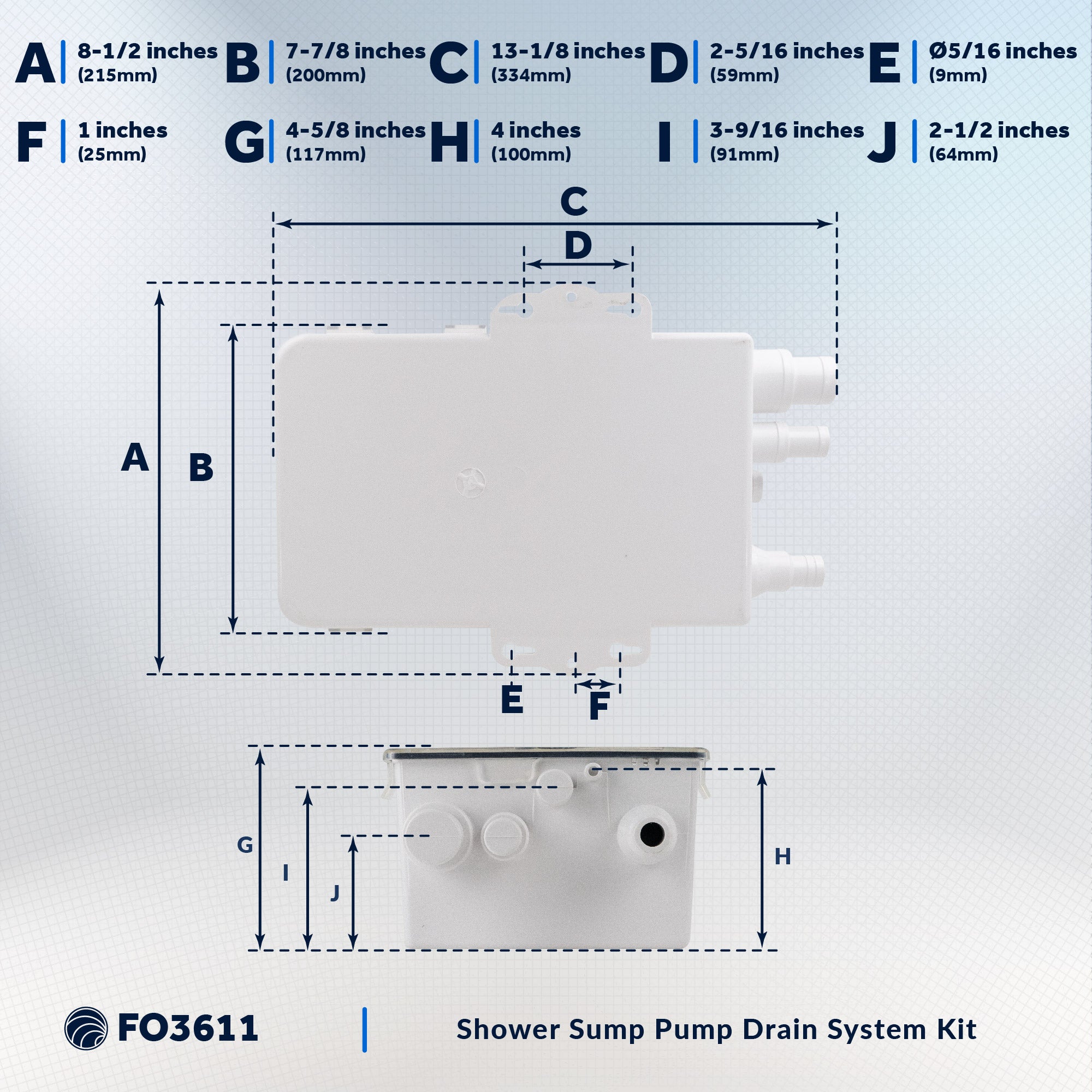 Shower Sump Pump Drain System Kit, 750 GPH, 12V - FO3611