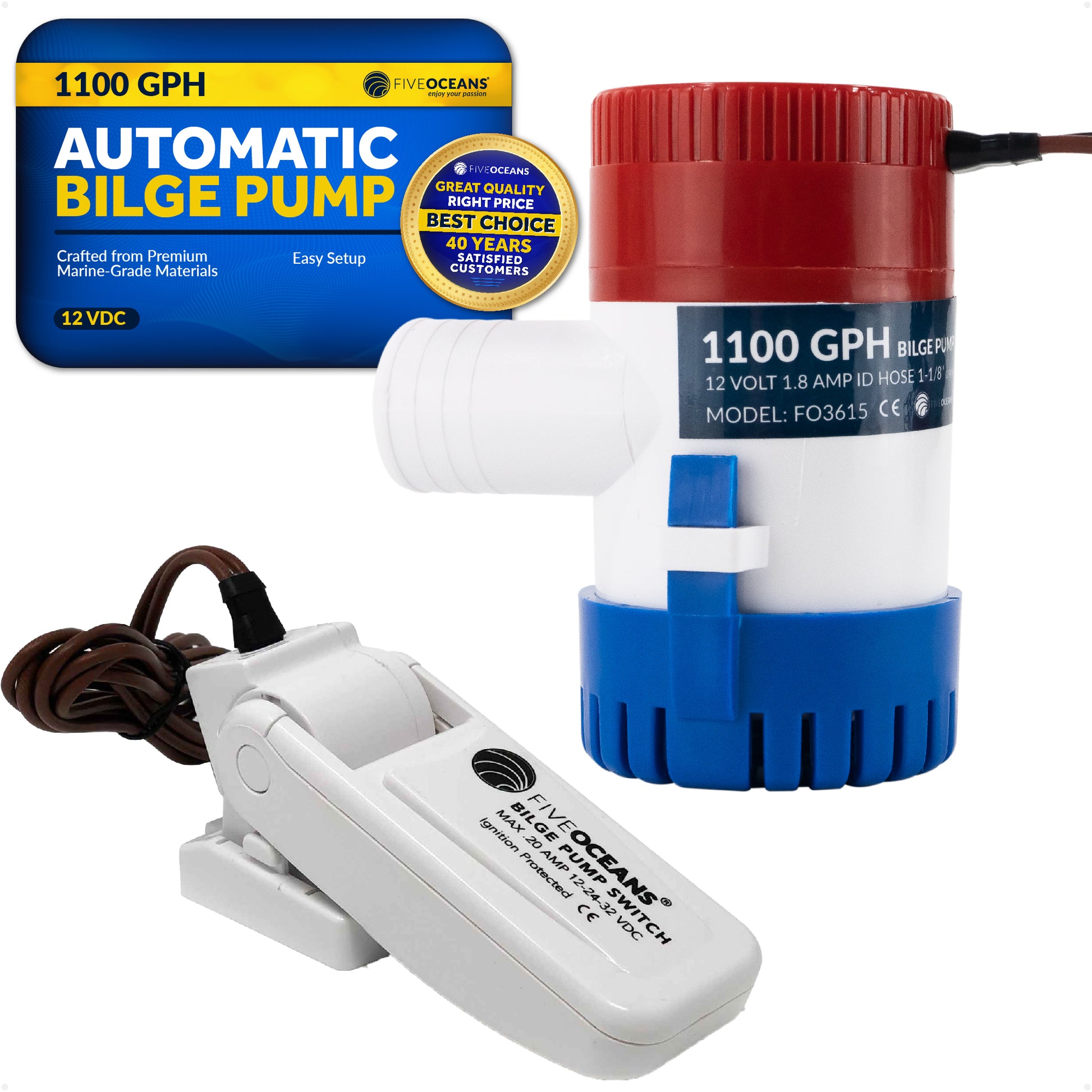 1100 GPH / 4164 LPH Automatic Bilge Pump Kit 12V, 1-1/8" (29mm) Interior Diameter Hose, with Heavy-Duty Float Switch - FO3615-C1 - Five Oceans