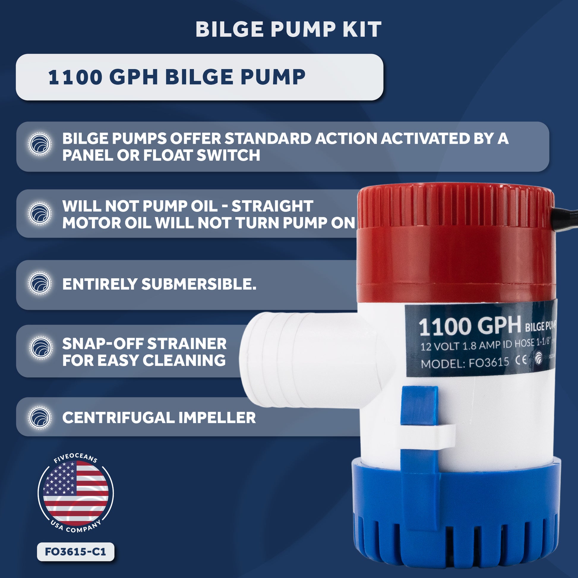 1100 GPH / 4164 LPH Automatic Bilge Pump Kit 12V, 1-1/8" (29mm) Interior Diameter Hose, with Heavy-Duty Float Switch - FO3615-C1 - Five Oceans