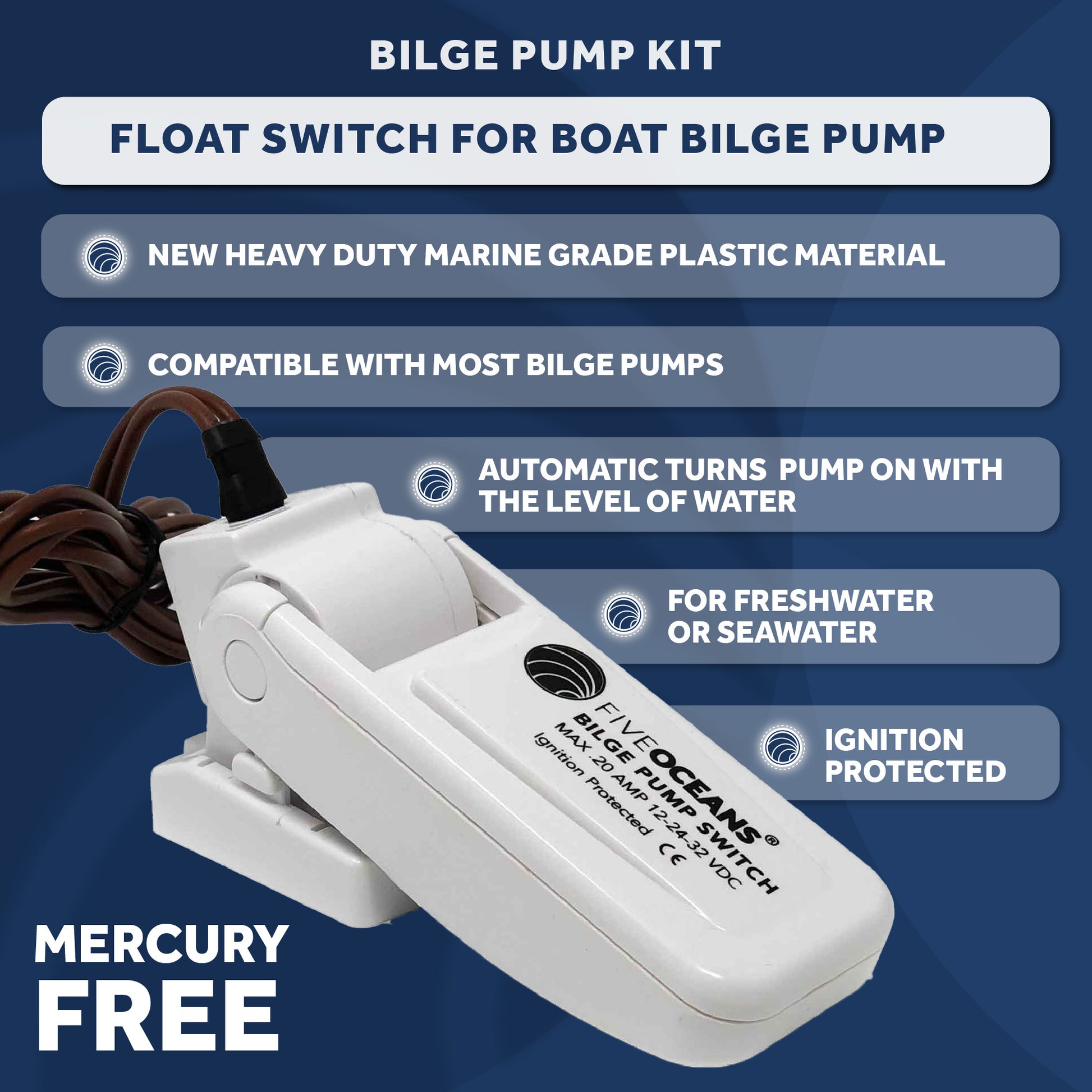 1100 GPH / 4164 LPH Automatic Bilge Pump Kit 12V, 1-1/8" (29mm) Interior Diameter Hose, with Heavy-Duty Float Switch - FO3615-C1 - Five Oceans