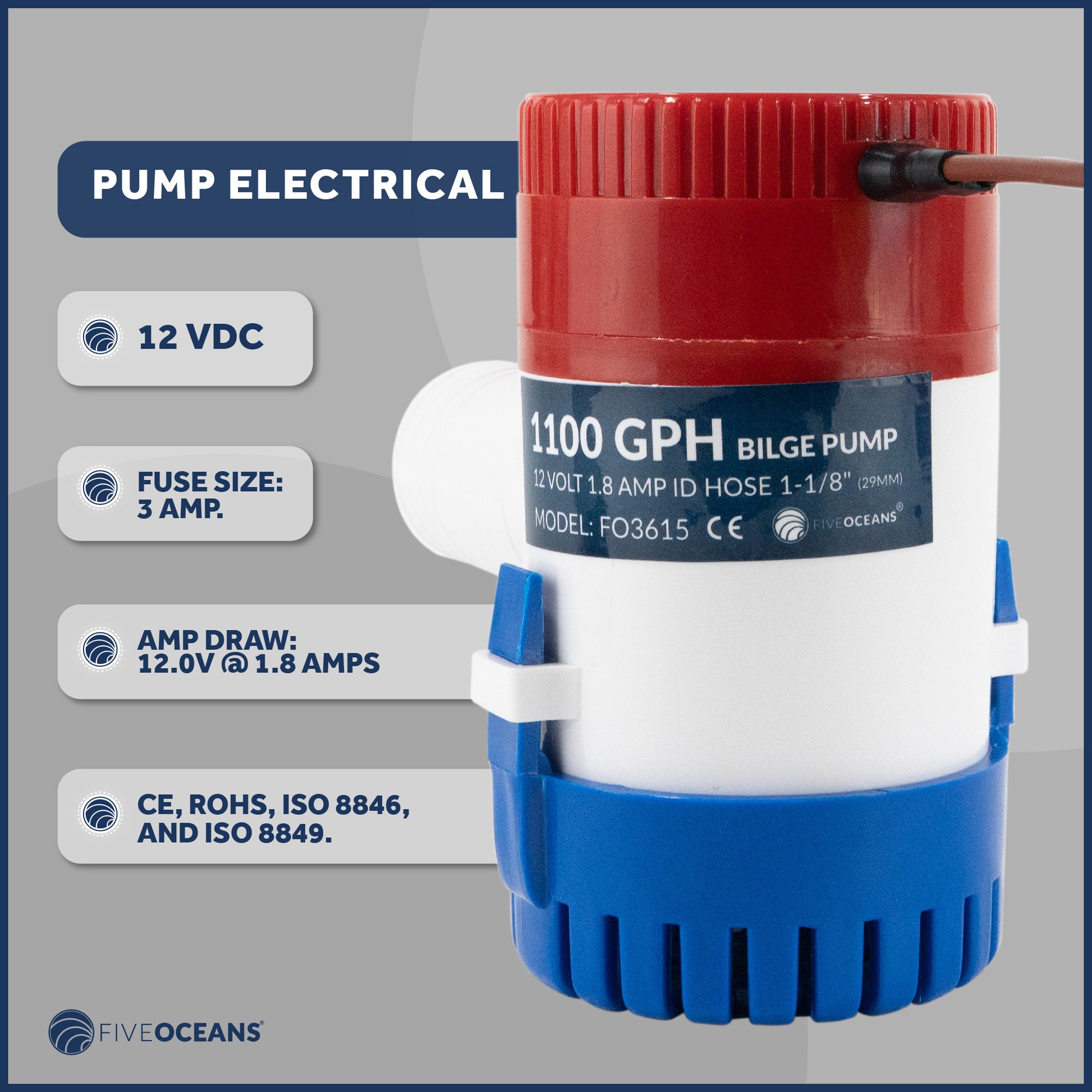 1100 GPH / 4164 LPH Automatic Bilge Pump Kit 12V, 1-1/8" (29mm) Interior Diameter Hose, with Heavy-Duty Float Switch - FO3615-C1 - Five Oceans