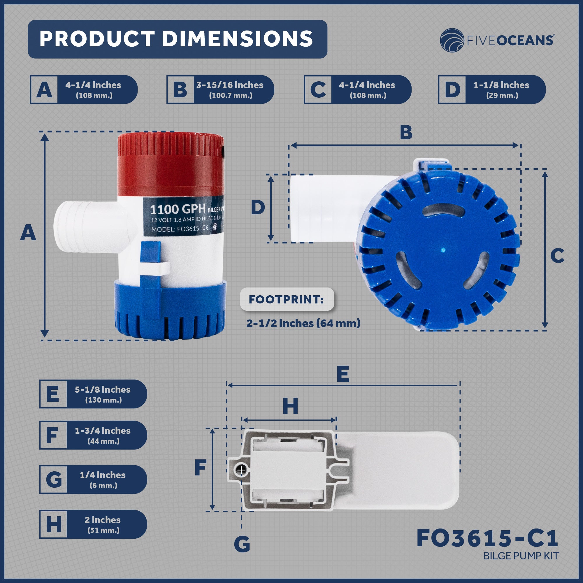 1100 GPH / 4164 LPH Automatic Bilge Pump Kit 12V, 1-1/8" (29mm) Interior Diameter Hose, with Heavy-Duty Float Switch - FO3615-C1 - Five Oceans