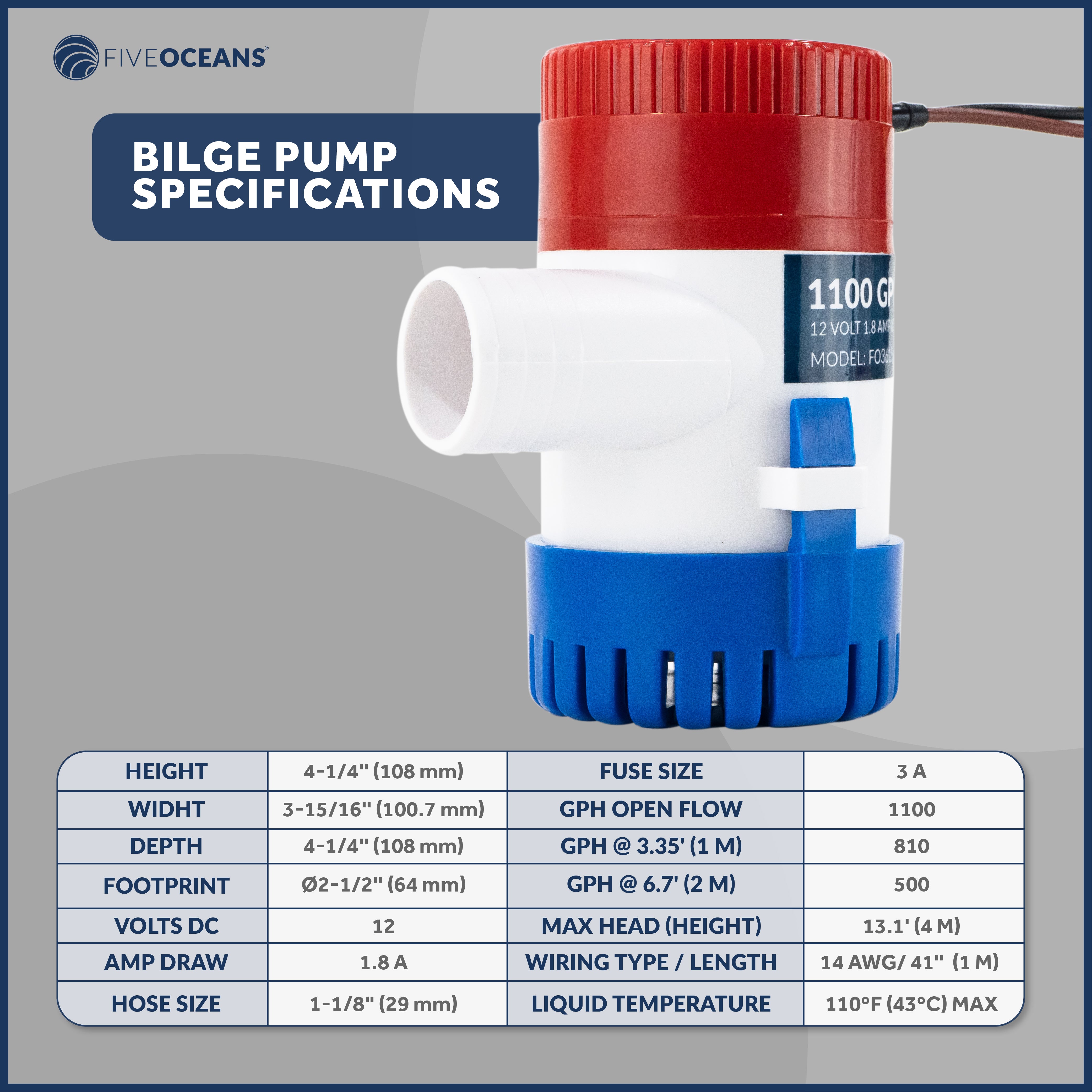 1100 GPH / 4164 LPH Bilge Pump 12V , 1-1/8" (29mm) Interior Diameter Hose, 41" 14-Gauge Wire - FO3615 - Five Oceans