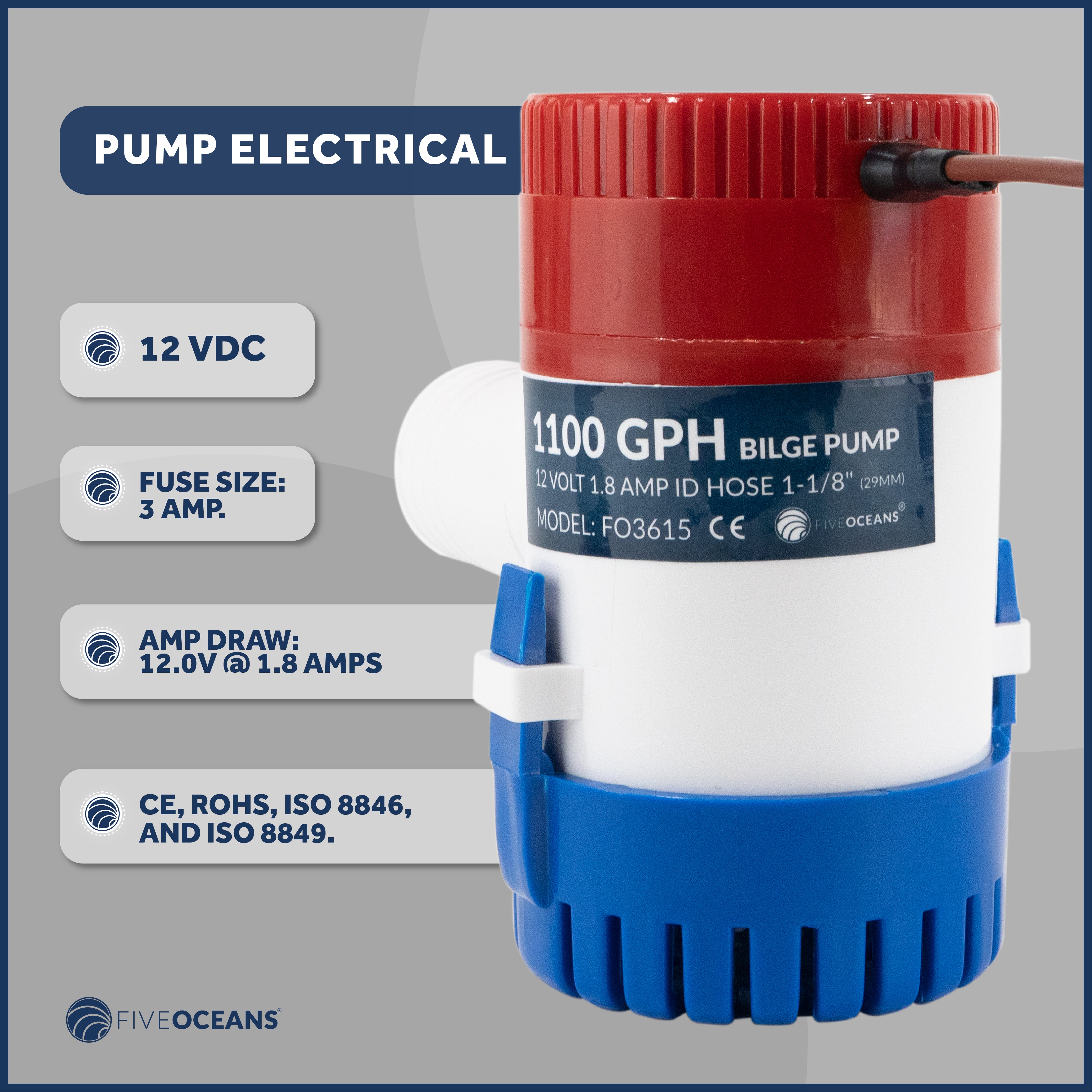 1100 GPH / 4164 LPH Bilge Pump 12V , 1-1/8" (29mm) Interior Diameter Hose, 41" 14-Gauge Wire - FO3615 - Five Oceans