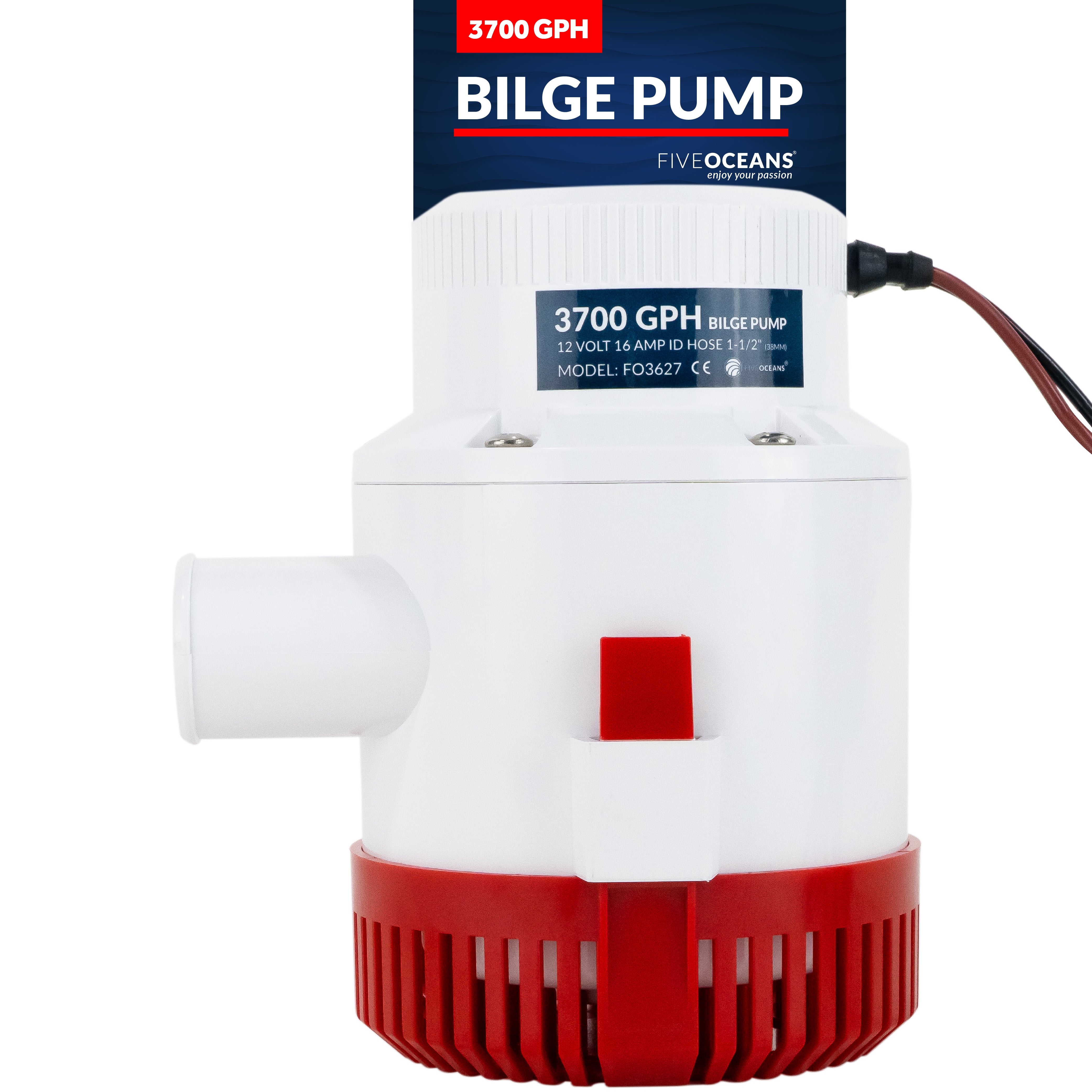 3700 GPH / 14010 LPH Bilge Pump 12V, Heavy-Duty, 1-1/2" (38mm) Interior Diameter Hose, 41" 14-Gauge Wire - FO3627