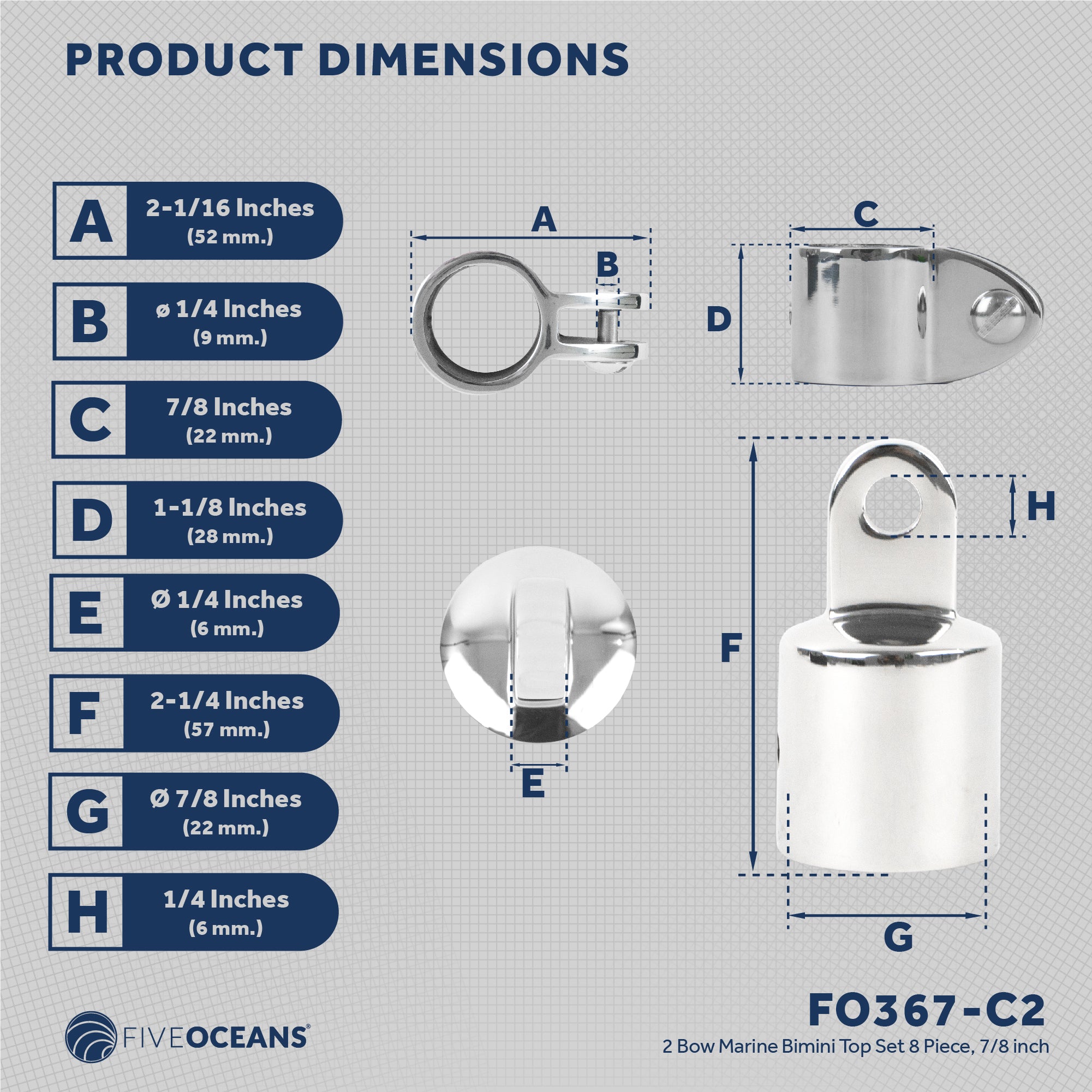 2 Bow Bimini Top Hardware Set 8 Piece, Fitting Fit 7/8", AISI316 Stainless Steel - FO367-C2 - Five Oceans