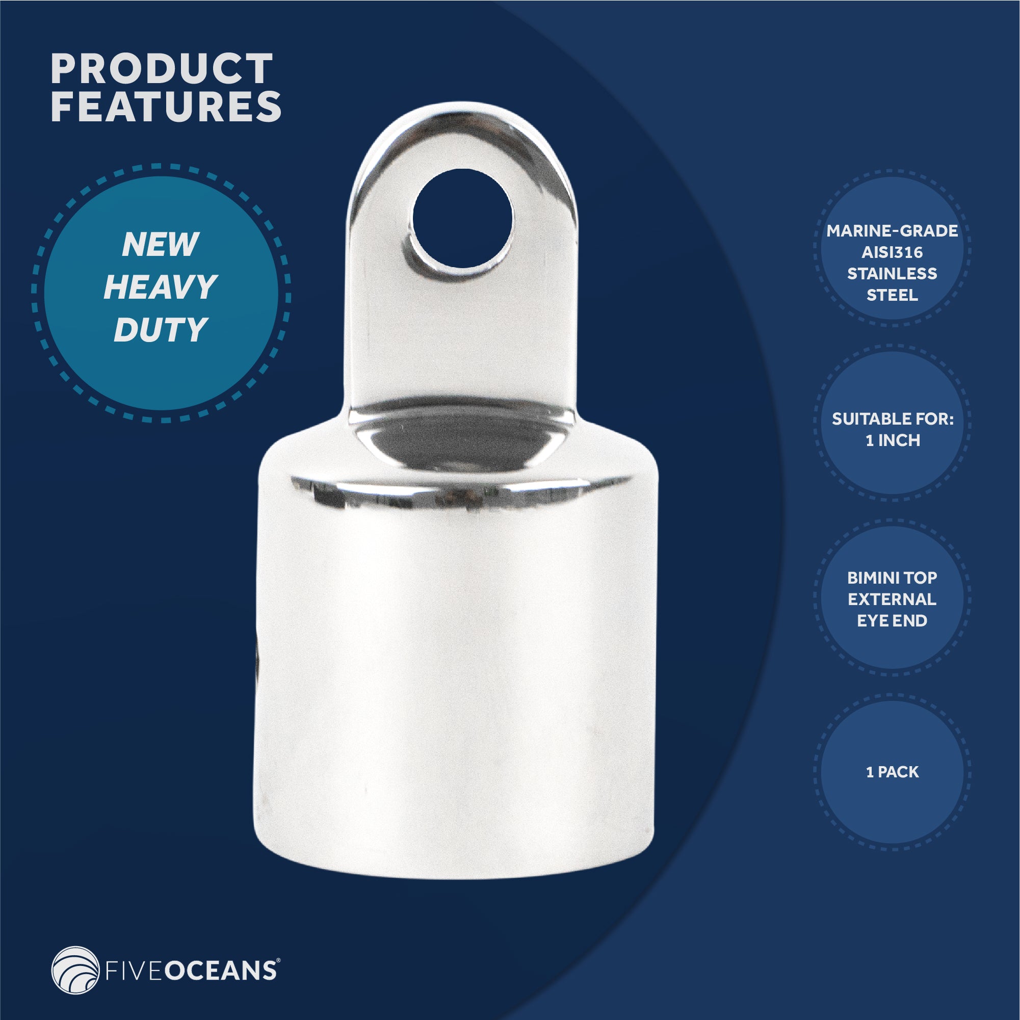 2 Bow Bimini Top Hardware Set 8 Piece, Fitting Fit 1", AISI316 Stainless Steel - FO367-C4 - Five Oceans