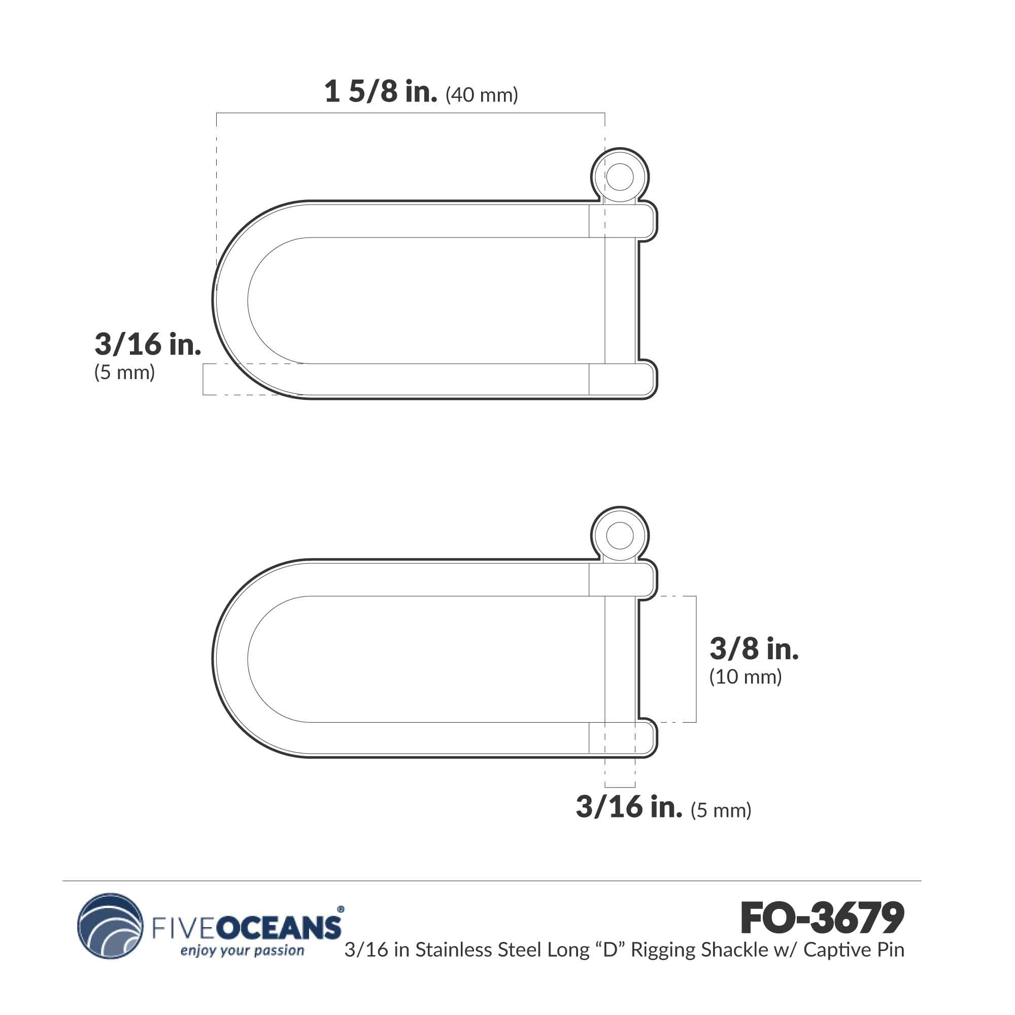 Screw Pin Long "D" Rigging Shackle 3/16", Stainless Steel - FO3679 - Five Oceans