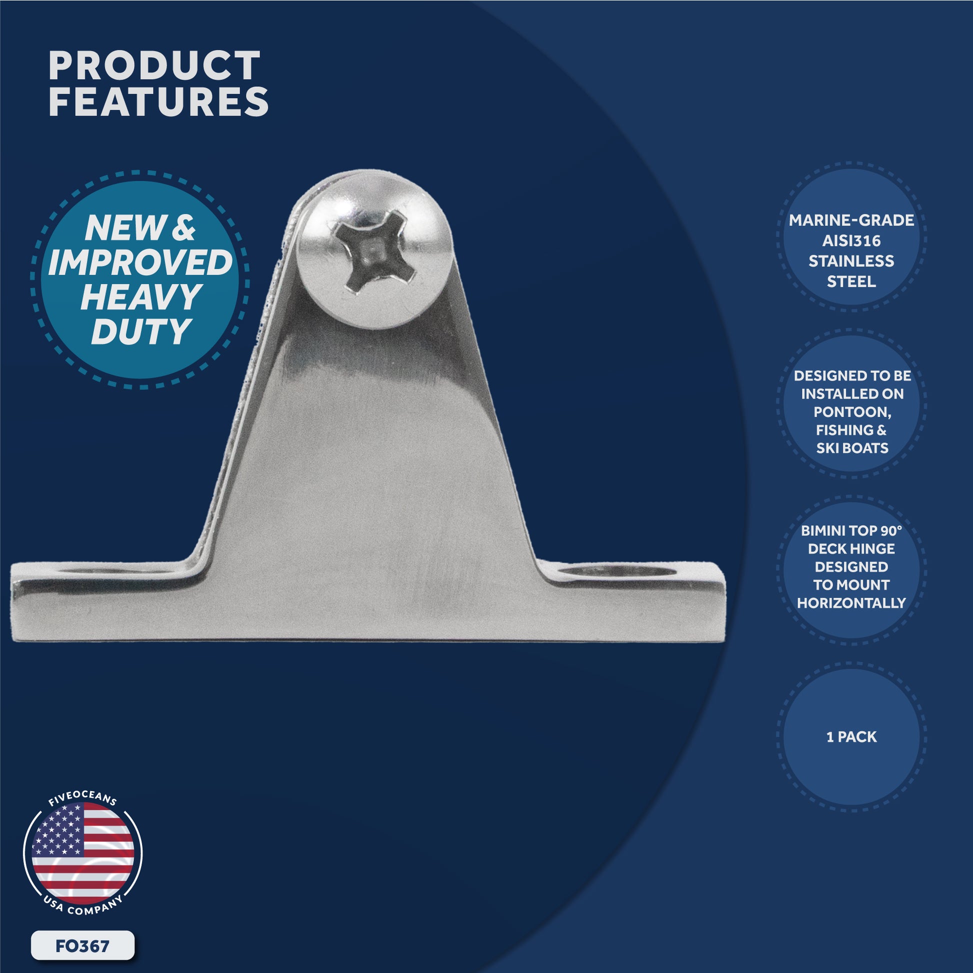 Bimini Top Hardware 90 Degree Deck Hinge with Screw Pin, AISI316 Stailess Steel - FO367 - Five Oceans