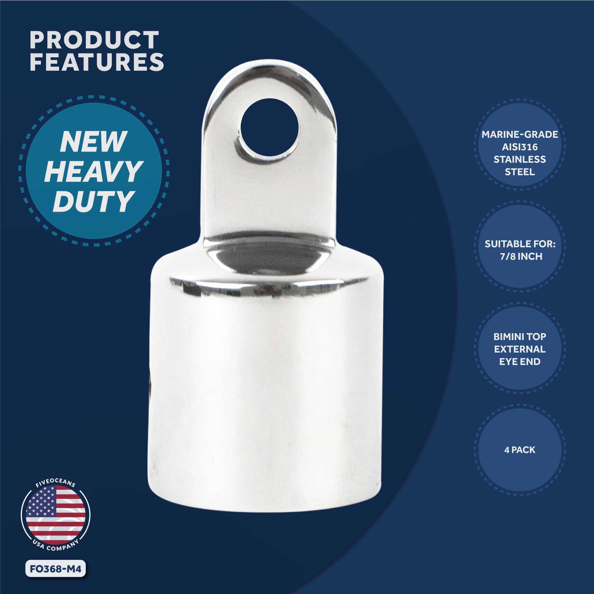 Bimini Top External Eye End, 7/8" AISI316 Stainless Steel, 4-Pack - FO368-M4 - Five Oceans