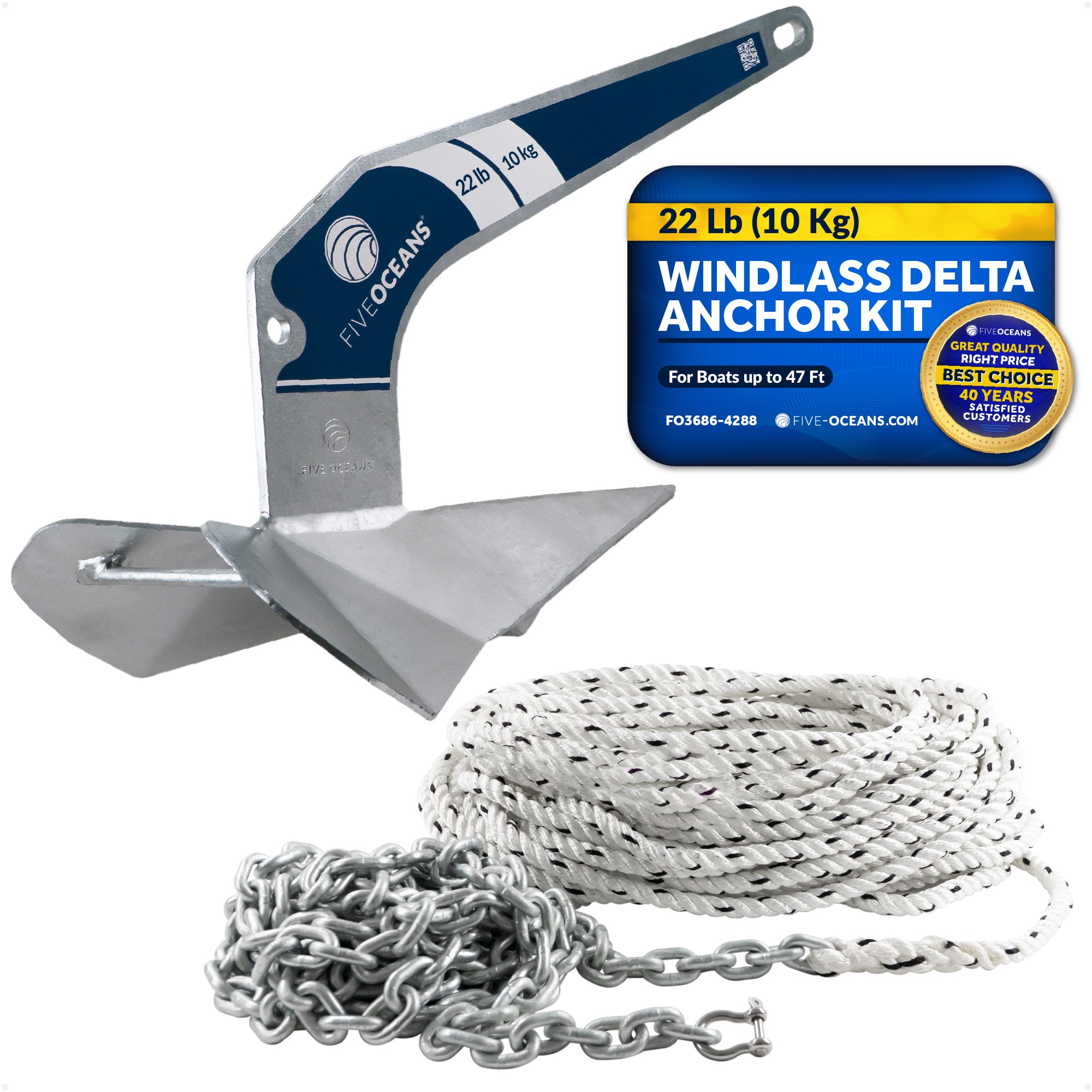 22 Lb Delta Style Windlass Boat Anchor Kit with 9/16"x150' Rope & 5/16"x20' Chain - FO3686-4288 - Five Oceans