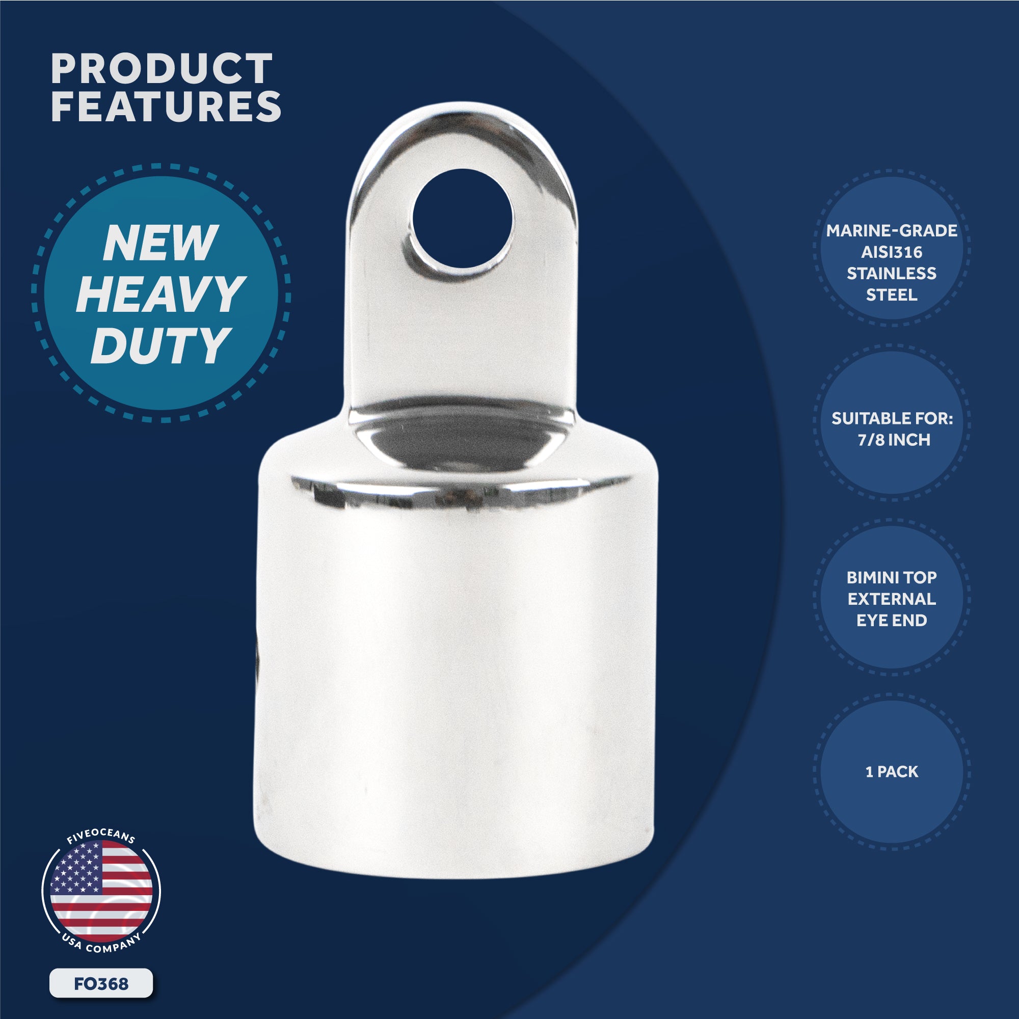 Bimini Top Hardware 7/8" External End Eye, AISI316 Stailess Steel - FO368 - Five Oceans