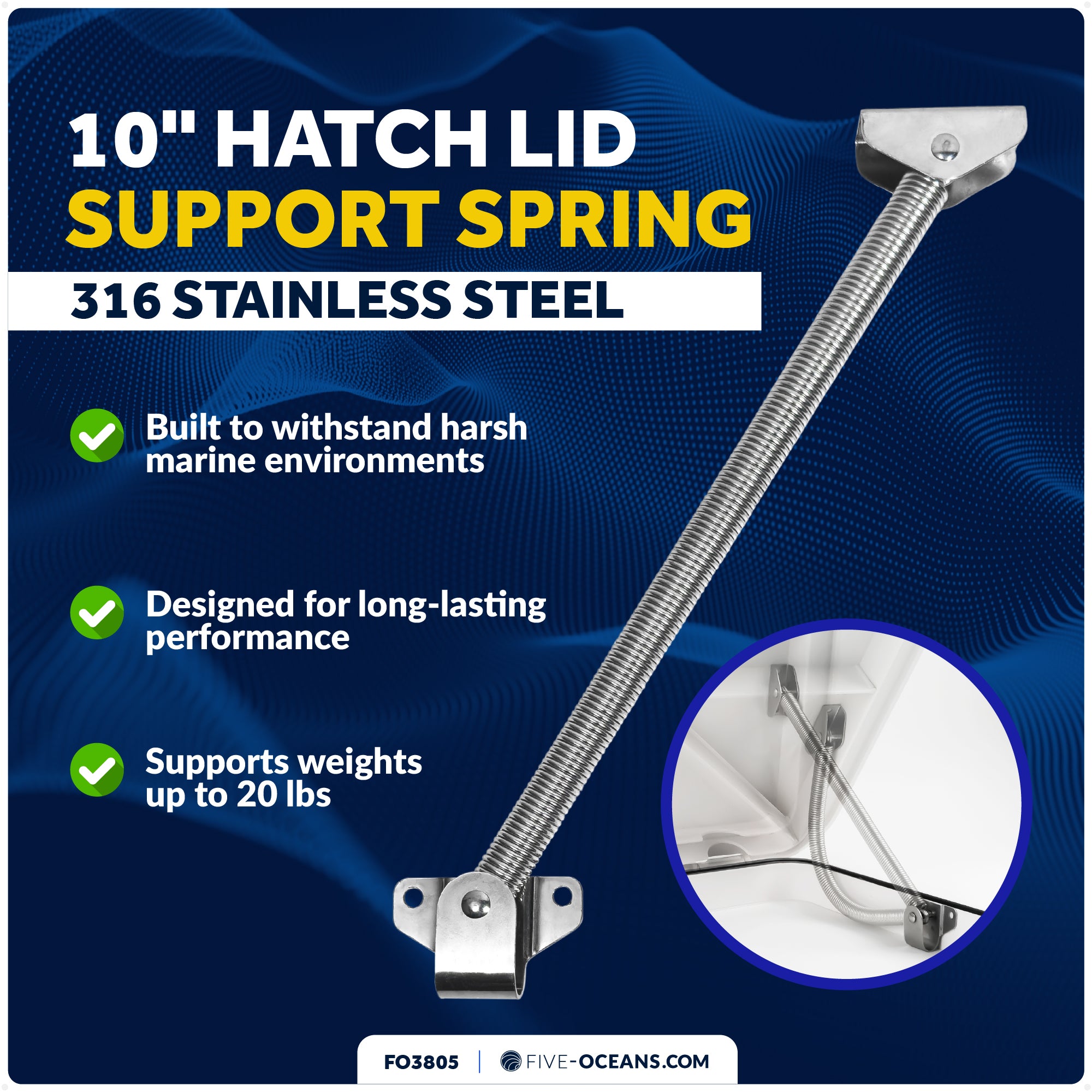 10" Hatch Lid Support Spring Holder, Stainless Steel - FO3805 - Five Oceans