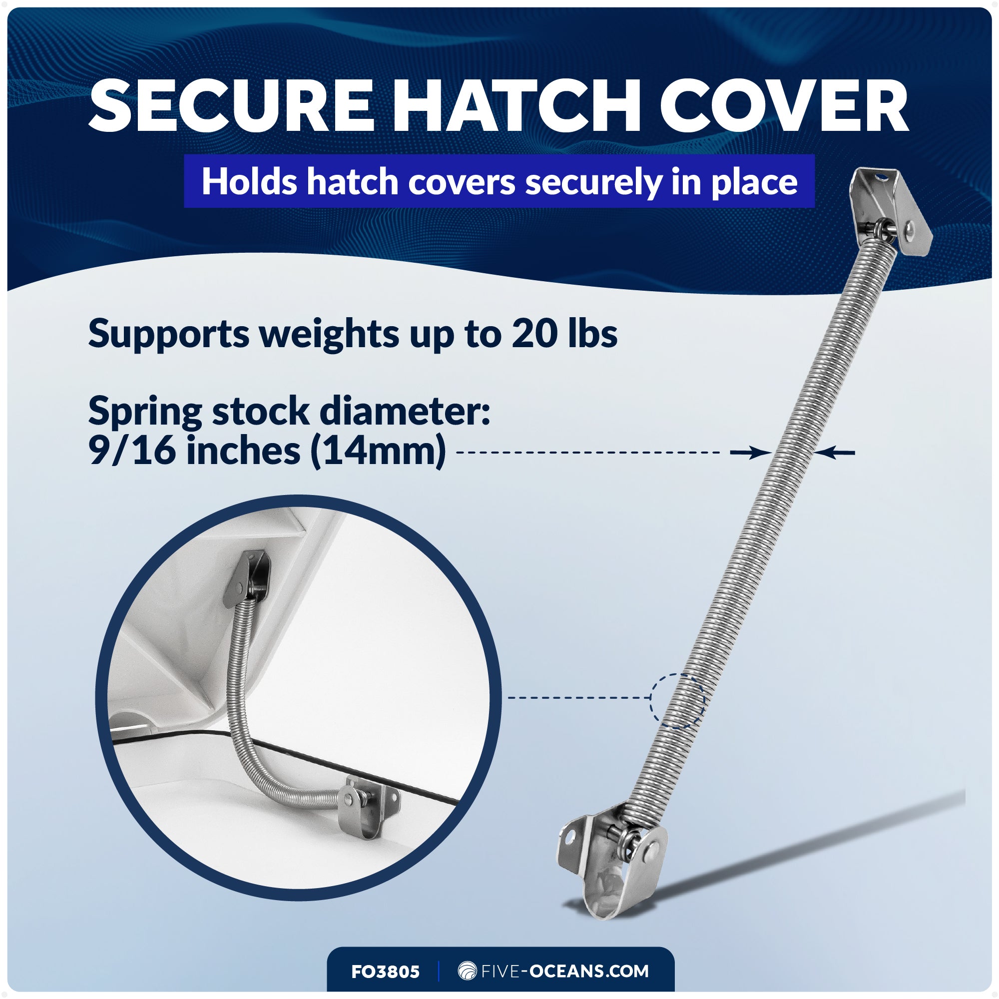 10" Hatch Lid Support Spring Holder, Stainless Steel - FO3805 - Five Oceans