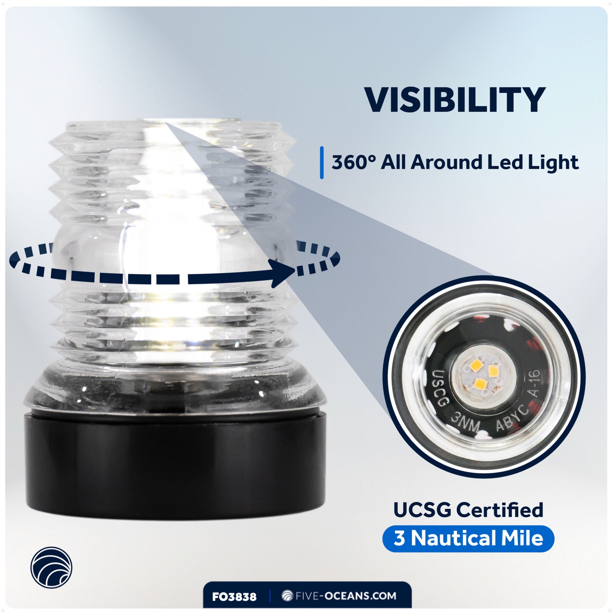 LED Anchor Navigation Light, 3NM, Fixed Mount - FO3838 - Five Oceans