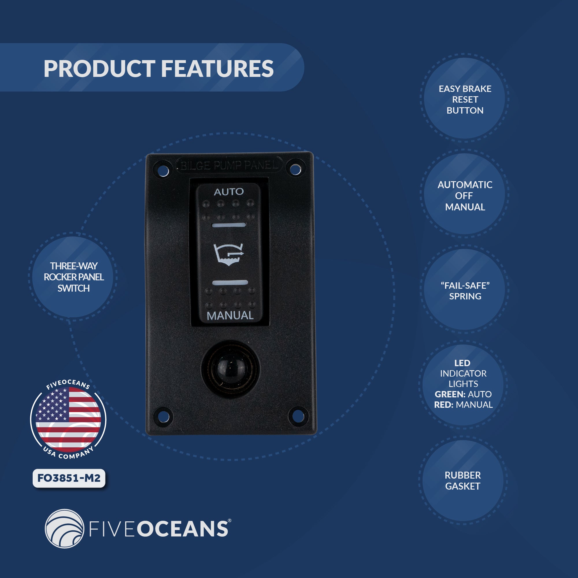 Bilge Pump Switch 3-Way Rocker 12-Volts, 2-Pack - FO3851-M2 - Five Oceans