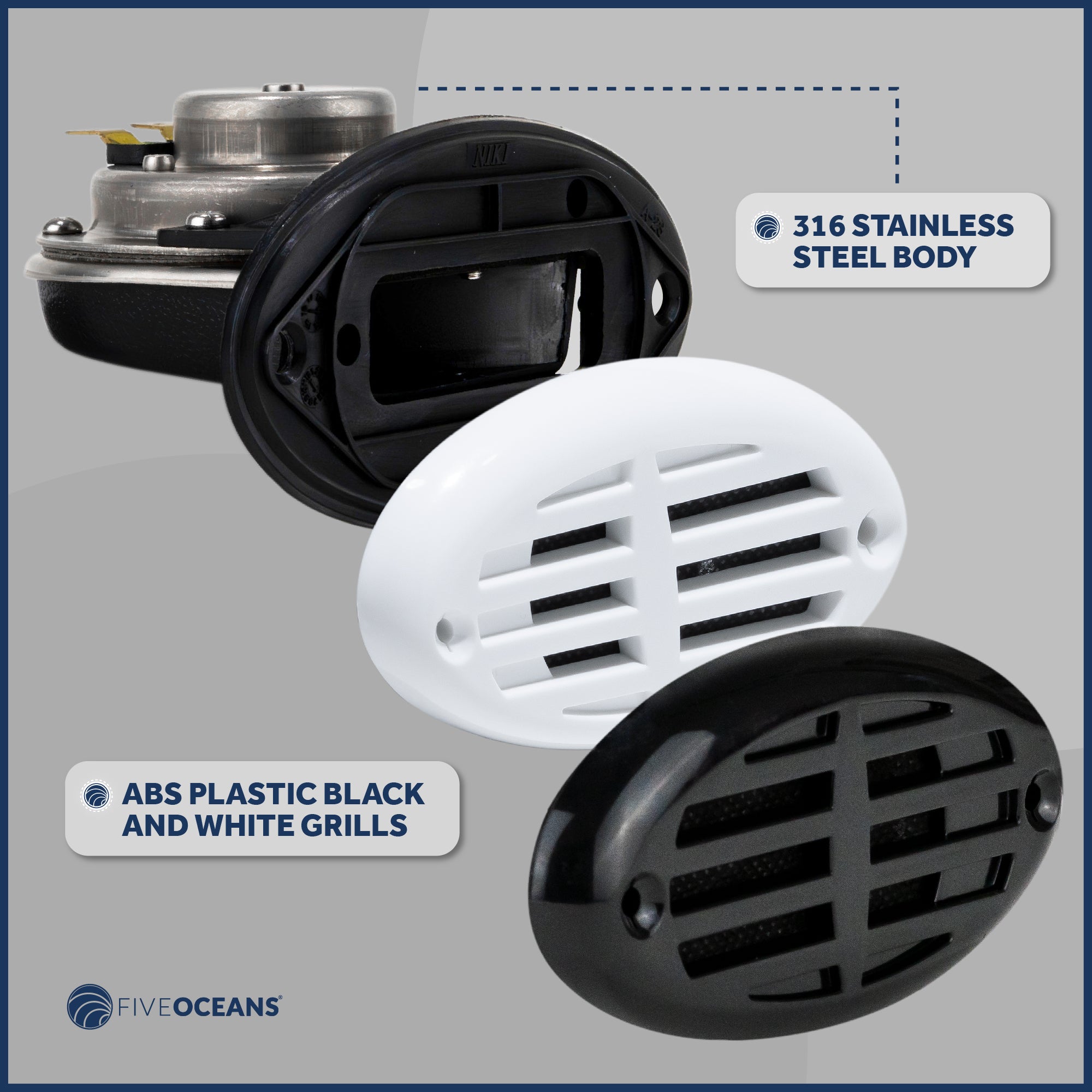 Drop-in Hidden Boat Horn with Black and White Grills, 12V - 110+5 dB - FO3914