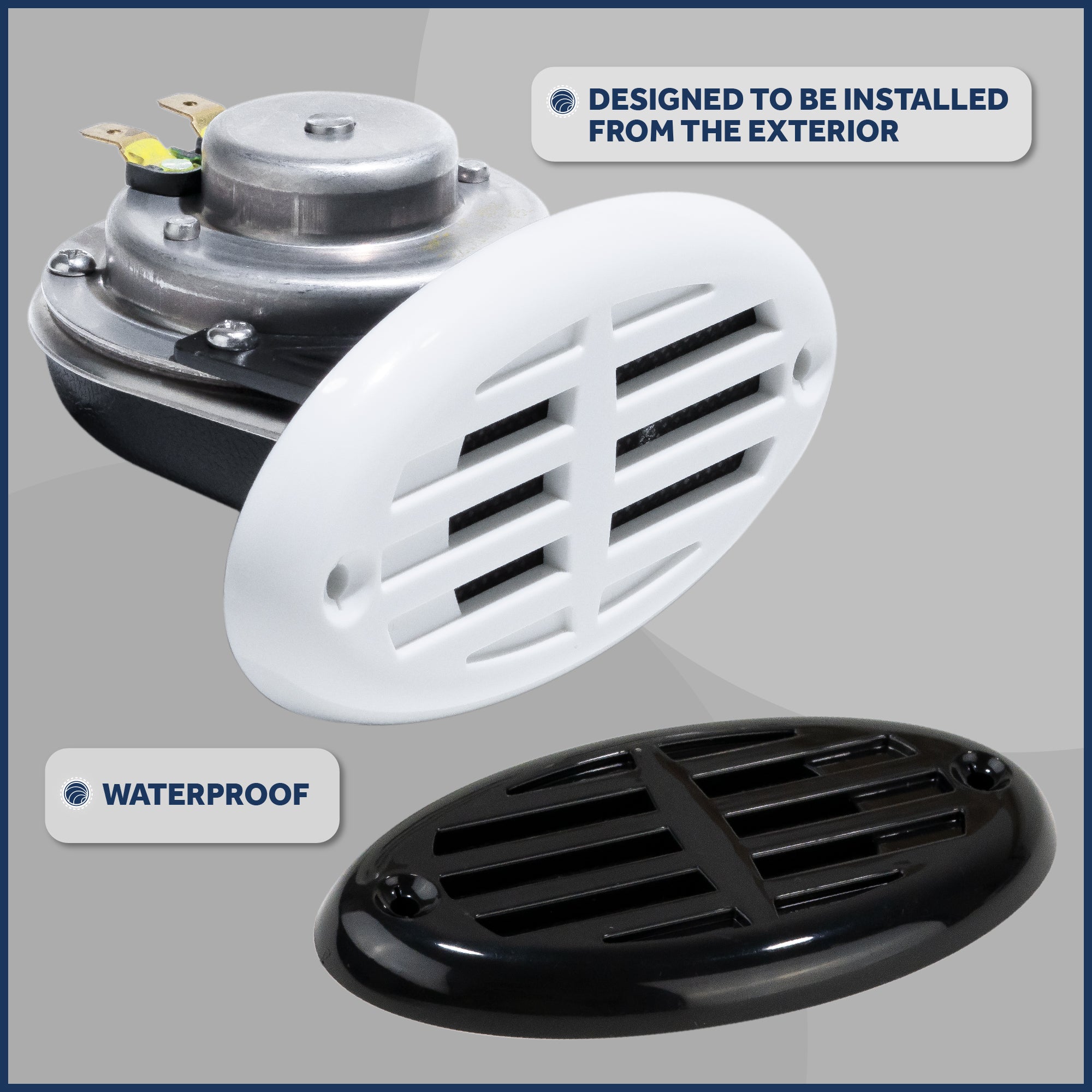 Drop-in Hidden Boat Horn with Black and White Grills, 12V - 110+5 dB - FO3914