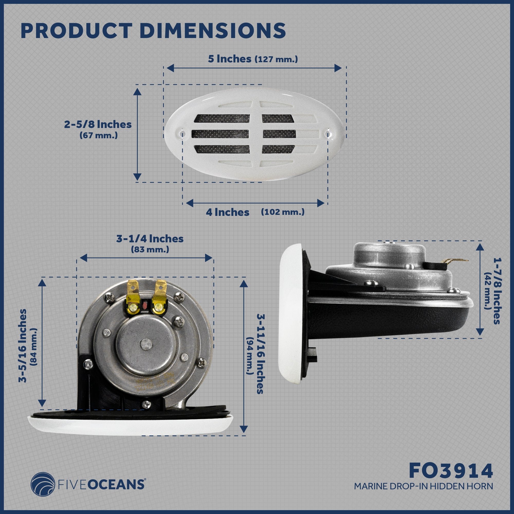 Drop-in Hidden Boat Horn with Black and White Grills, 12V - 110+5 dB - FO3914