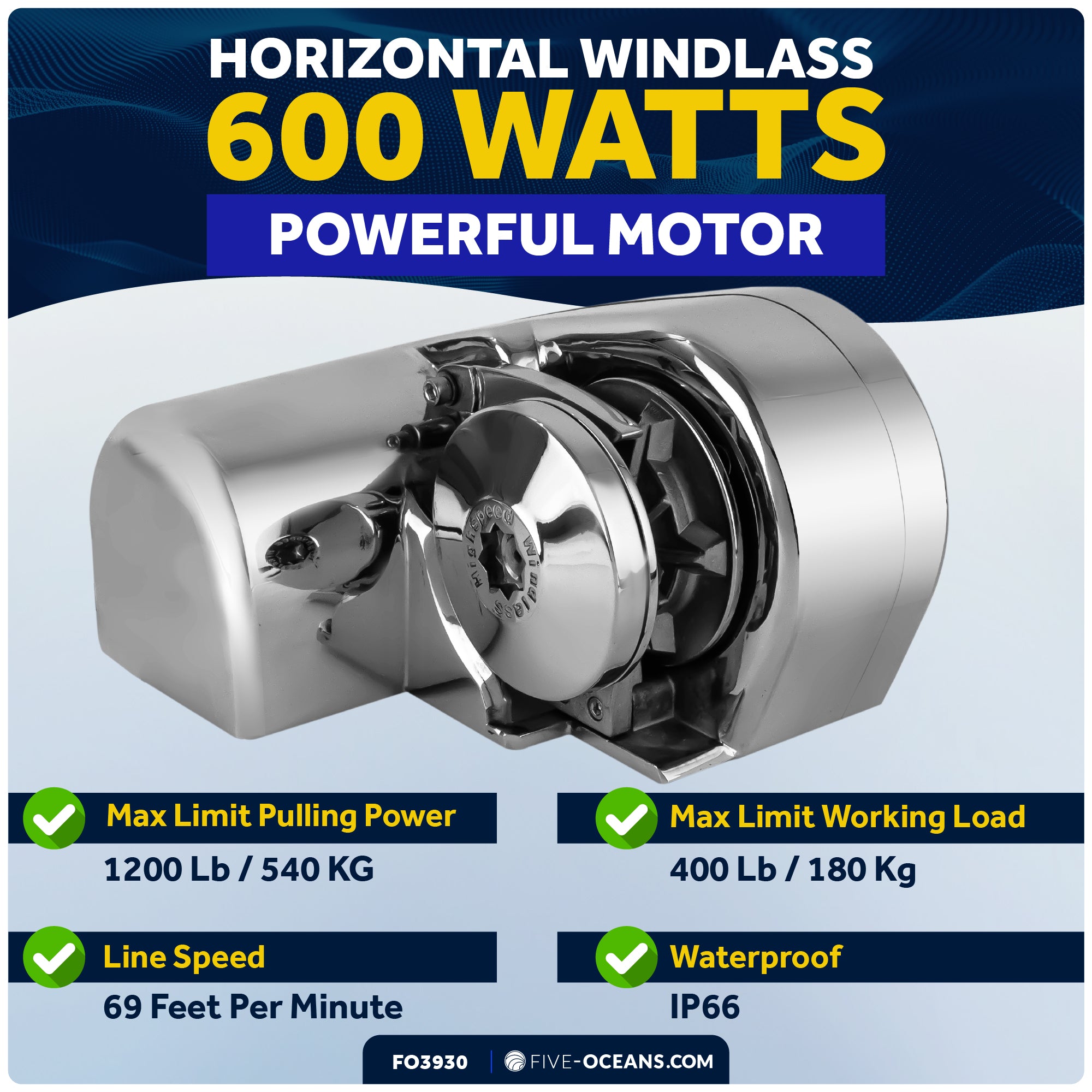 Atlantic Windlass Kit - 1/4" HTG4 Chain & 1/2" Rope, Horizontal 600W 12VDC - FO3930