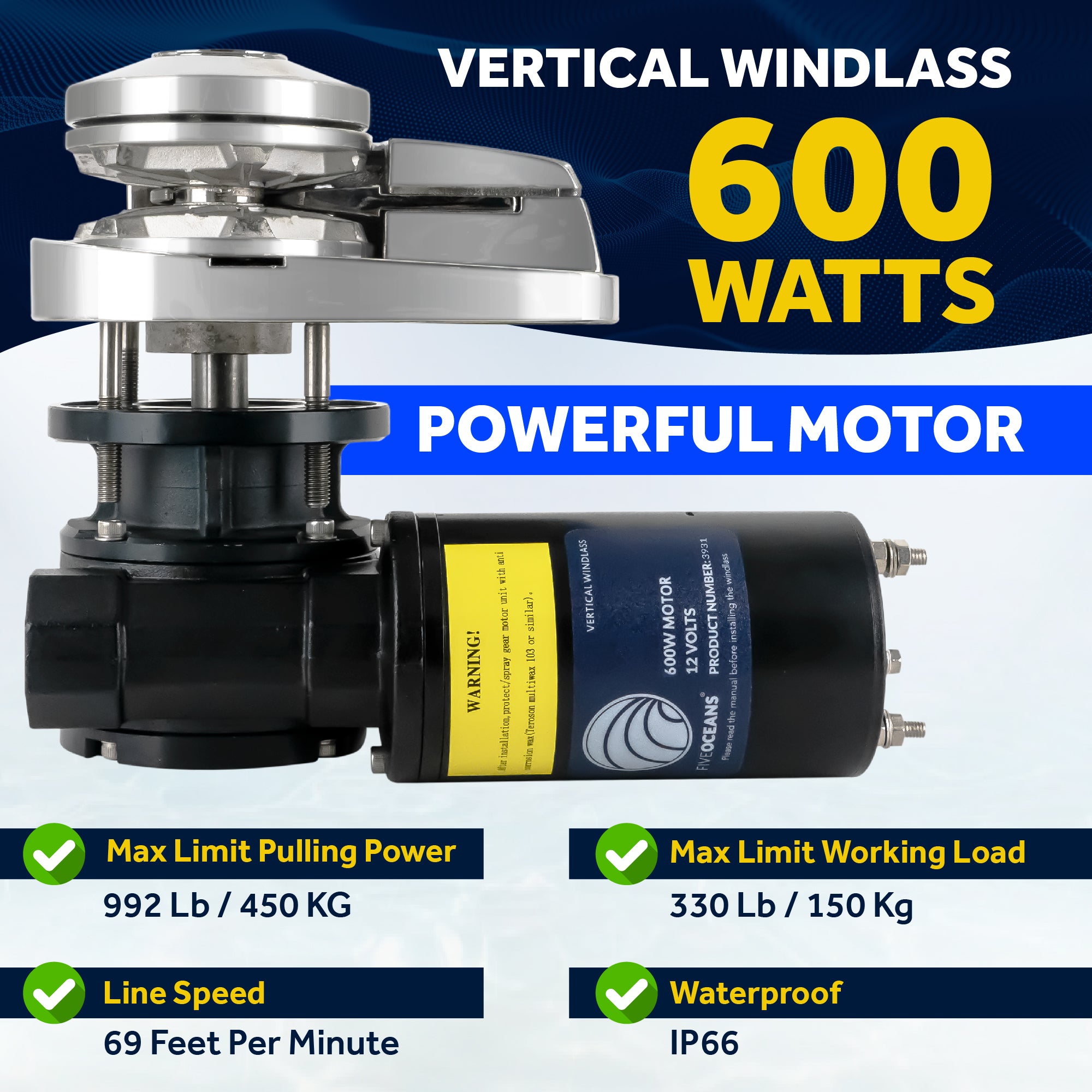 Pacific Windlass Kit, Vertical 600 Watts, 12V DC, 3-Strand Rope, Galvanized Steel HT G4 Chain, Swivel and Shackle - FO3931-C1 - Five Oceans