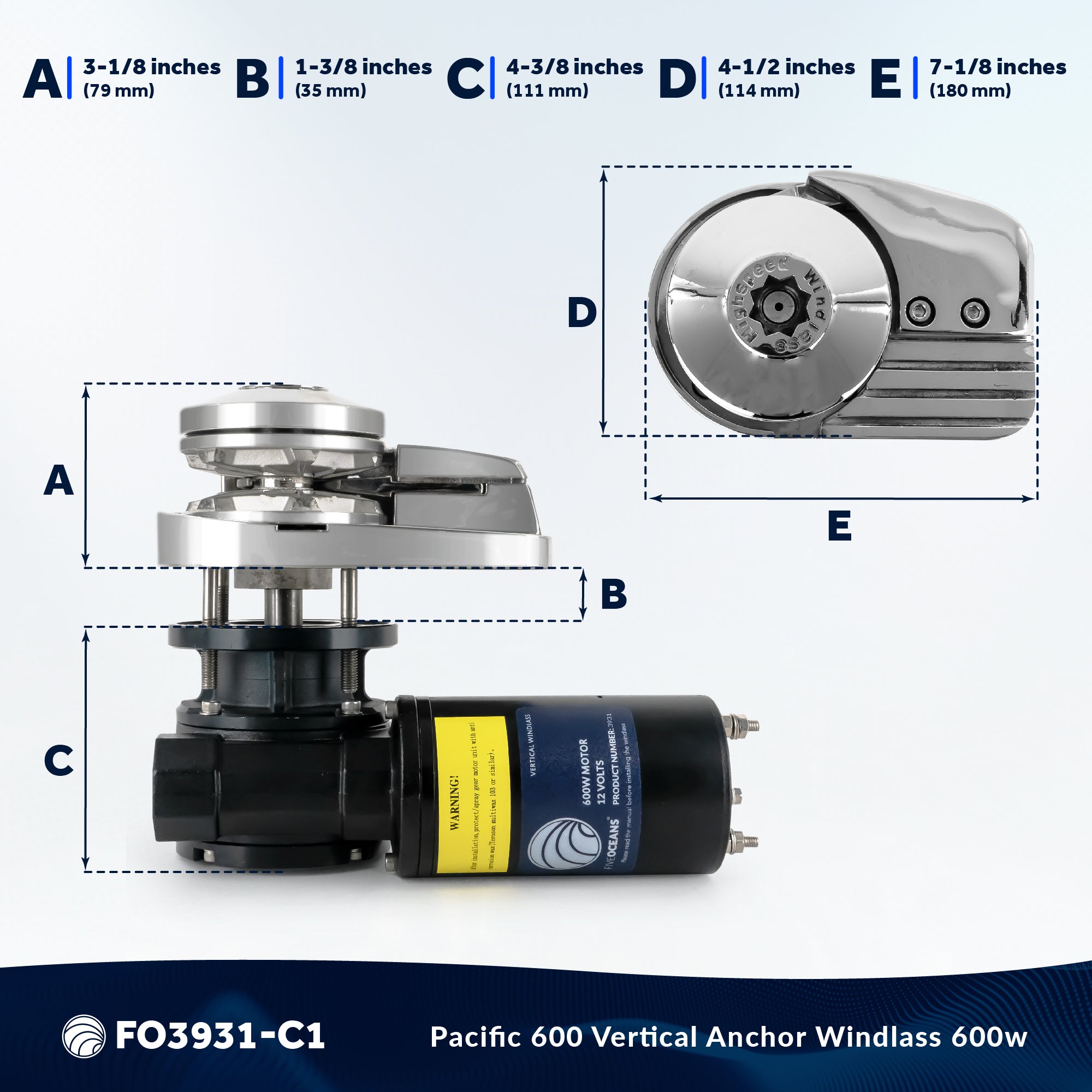 Pacific Windlass Kit, Vertical 600 Watts, 12V DC, 3-Strand Rope, Galvanized Steel HT G4 Chain, Swivel and Shackle - FO3931-C1 - Five Oceans