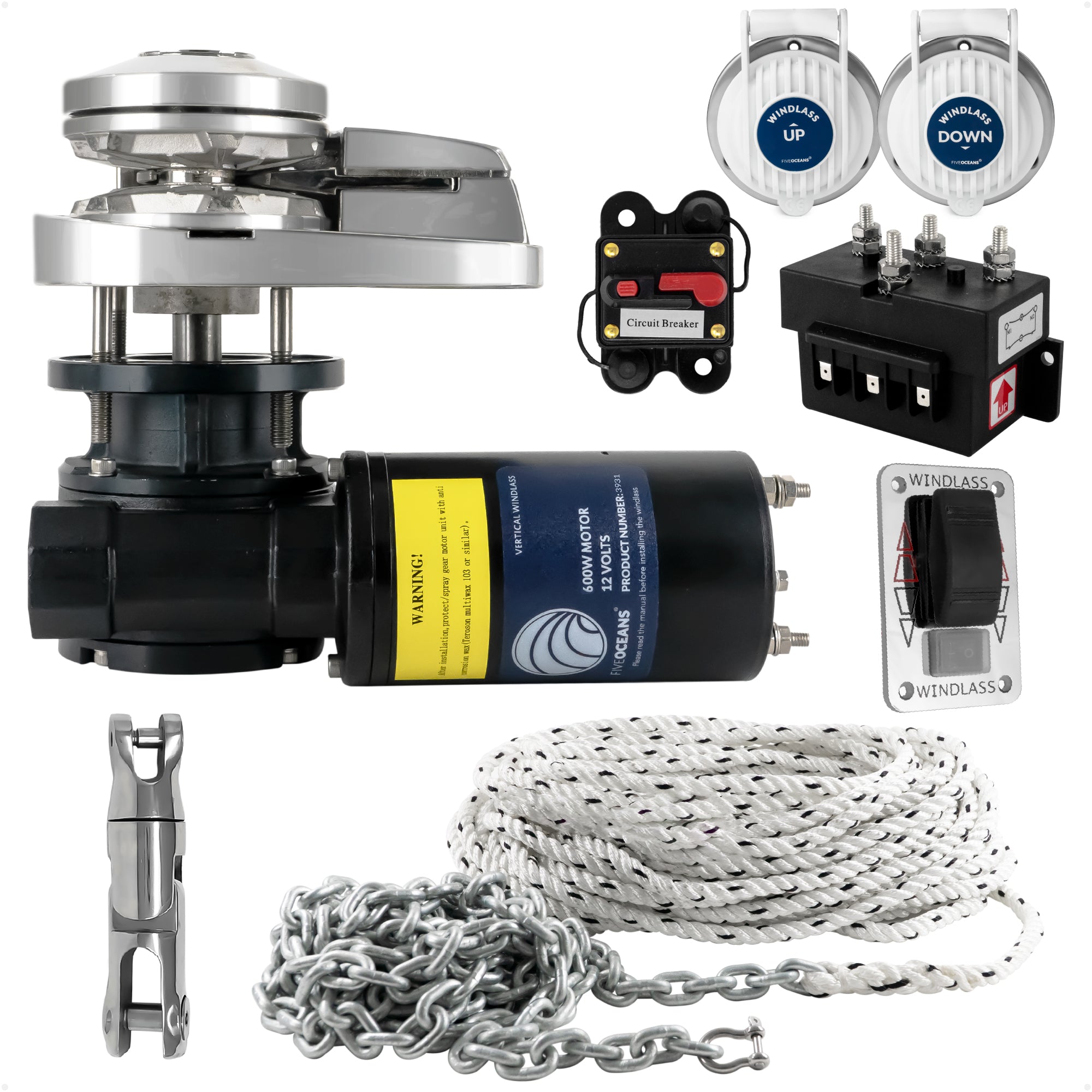 Pacific Windlass Kit, Vertical 600 Watts, 12V DC, 3-Strand Rope, Galvanized Steel HT G4 Chain, Swivel and Shackle - FO3931-C3