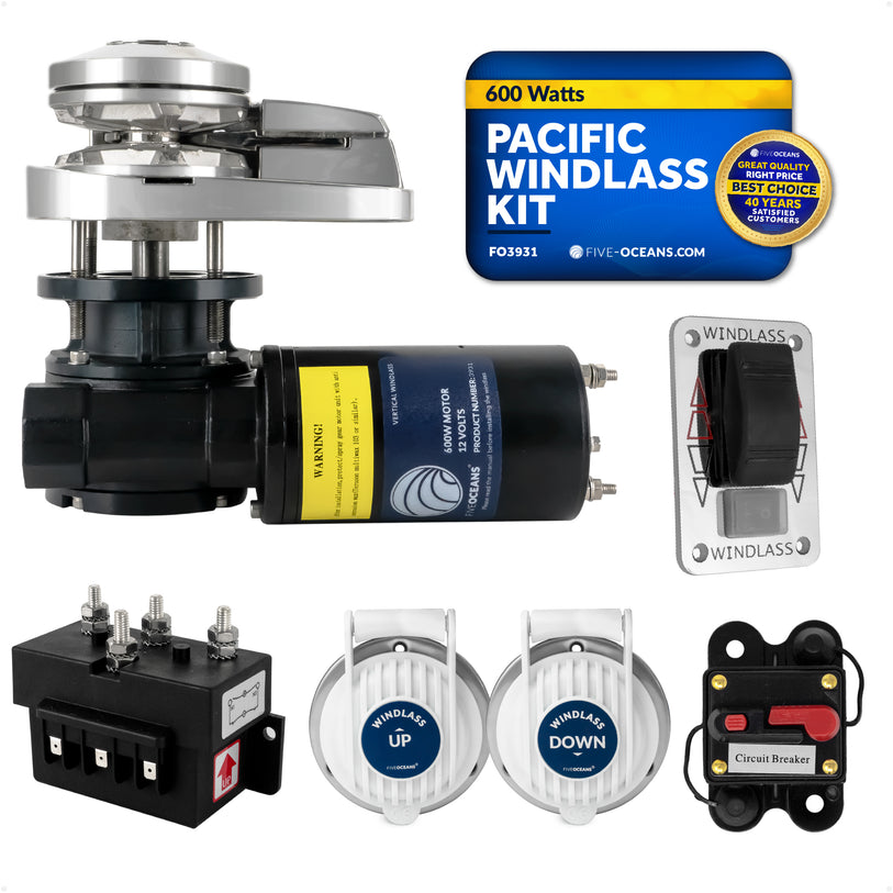 Pacific Windlass Kit - Compatible with 1/4" HTG4 Chain & 1/2" Rope, Vertical 600W 12V DC - FO3931